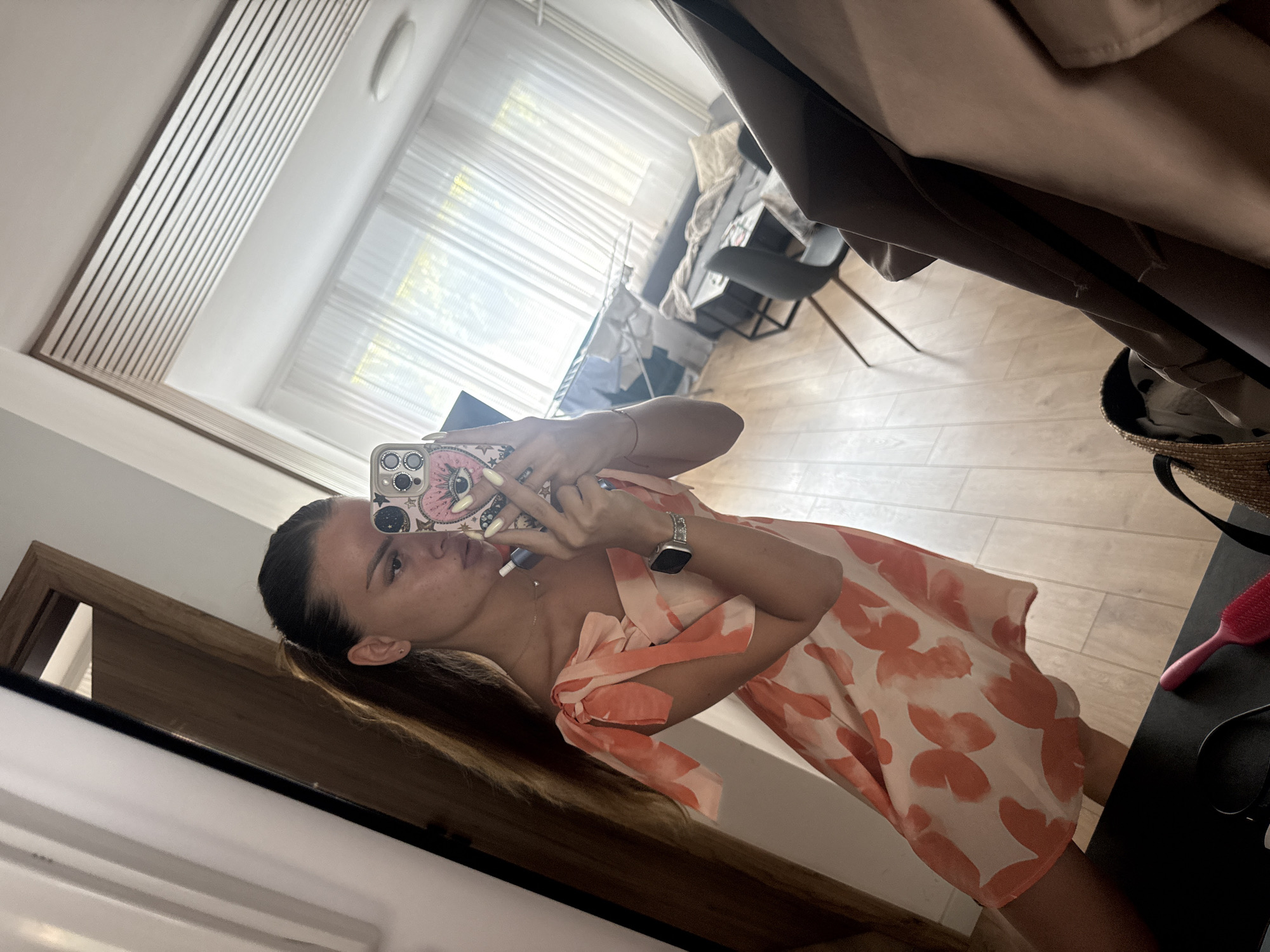 Getting ready in Plovdiv, orange floral dress, indoor and outdoor.