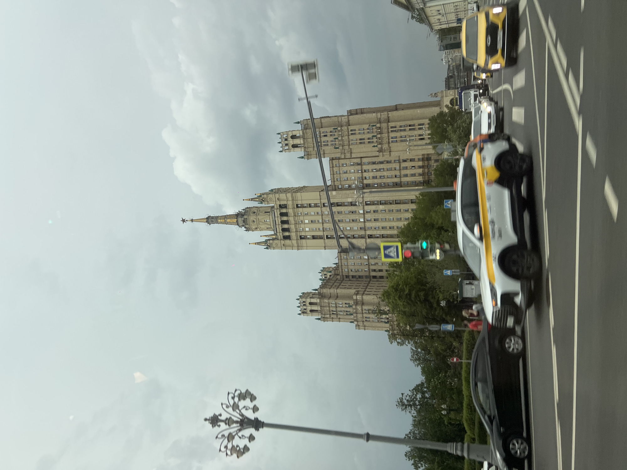 Moscow's Kotelnicheskaya Embankment Building photographed under cloudy skies