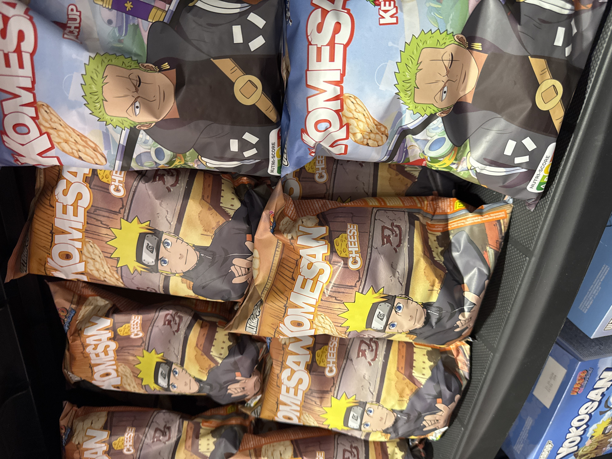 Anime merch, figurines, and novelty snacks at a Sofia retail spot
