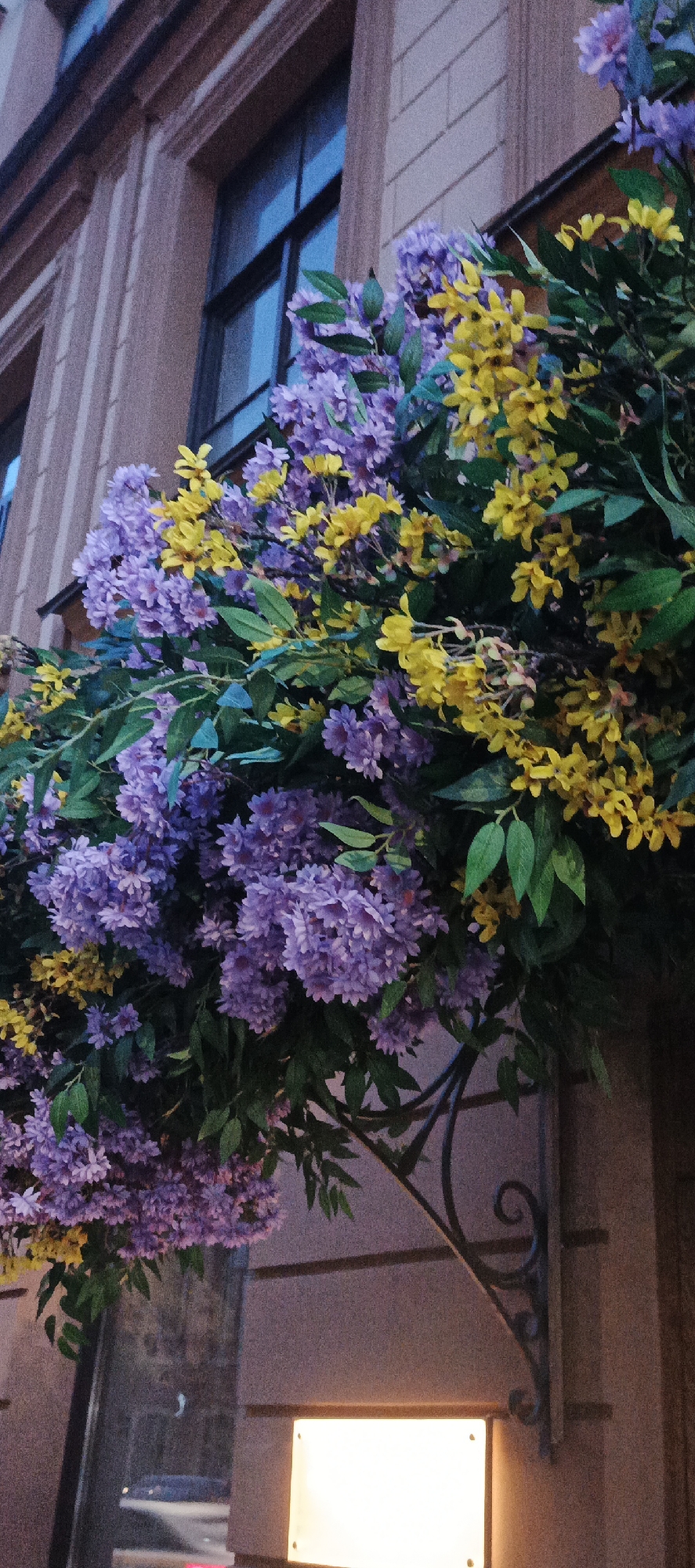Decorative street displays along a Saint Petersburg evening block
