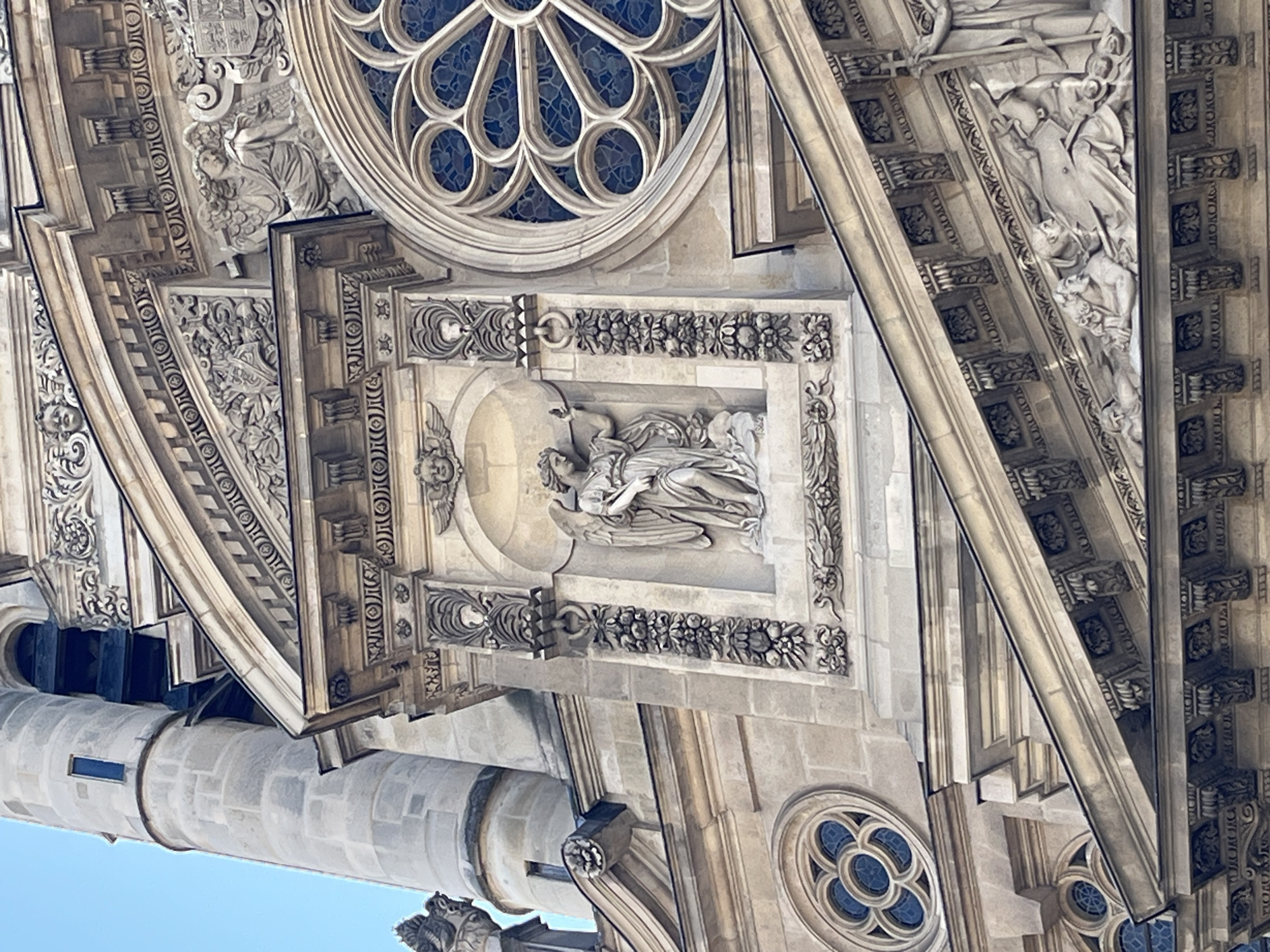 Close look at the stone facade of Église Saint-Eustache, Paris