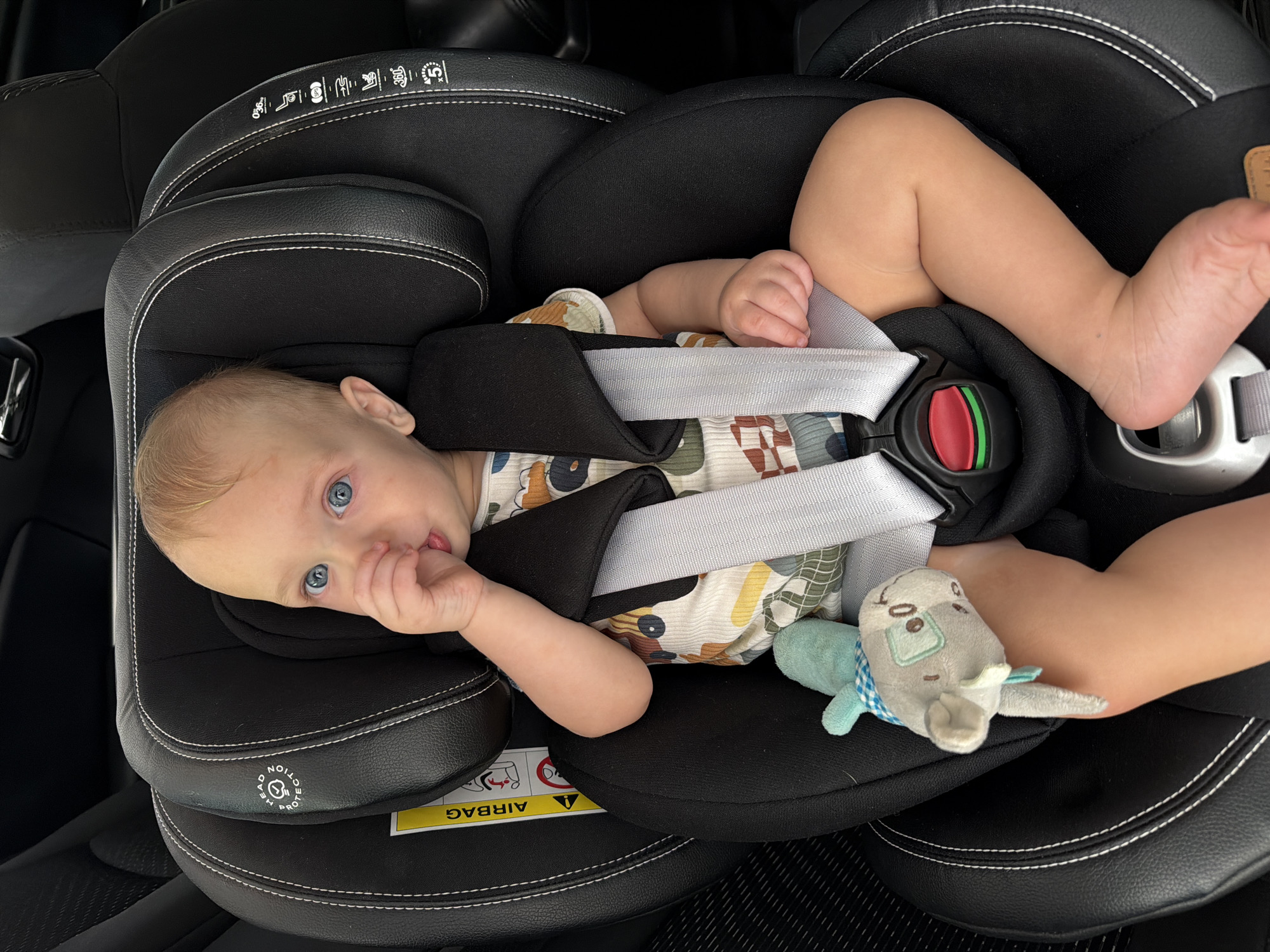 Baby in a car seat, looking straight at the camera