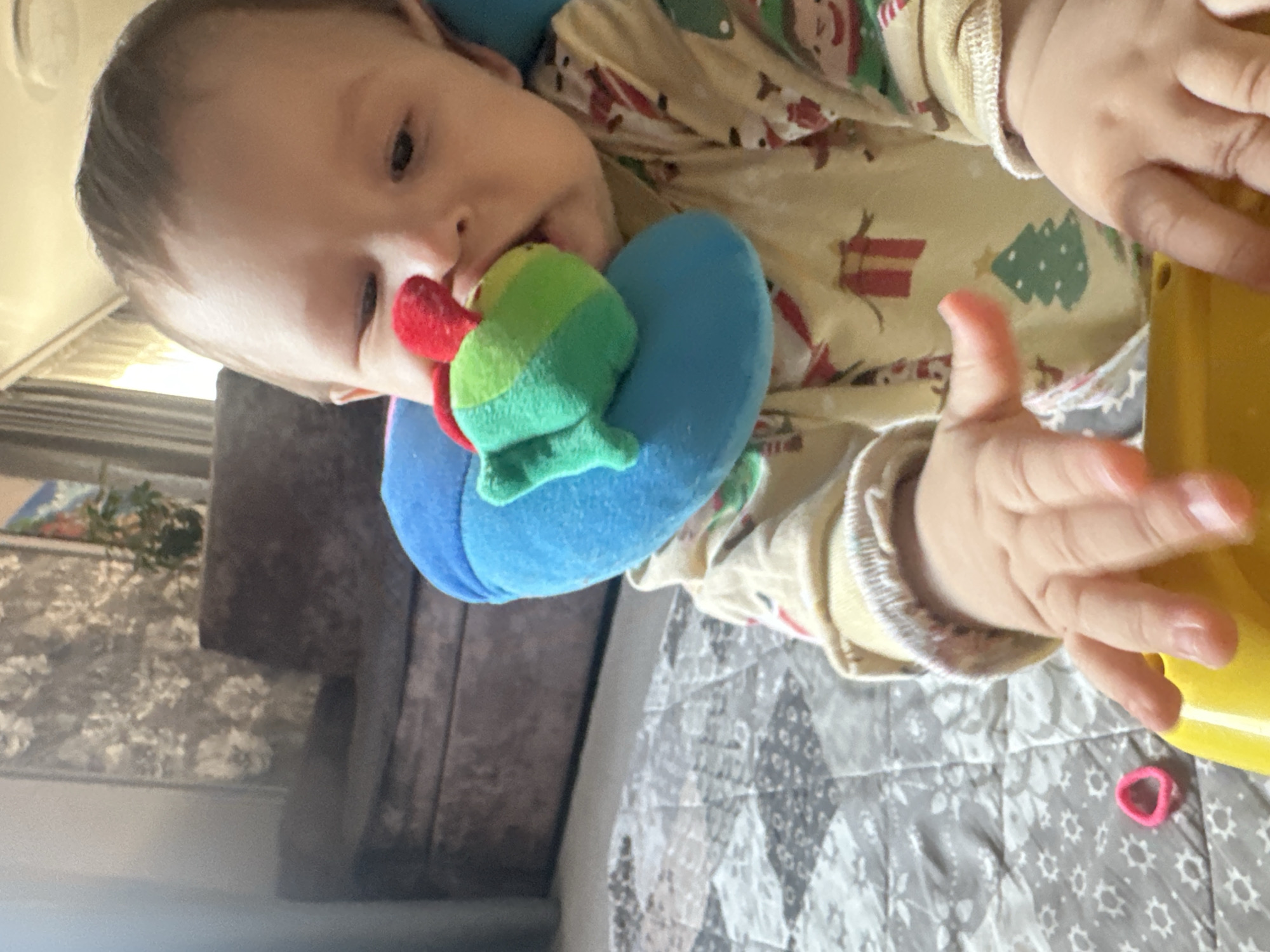 Baby's day at home: Christmas PJs, toys, and a cat