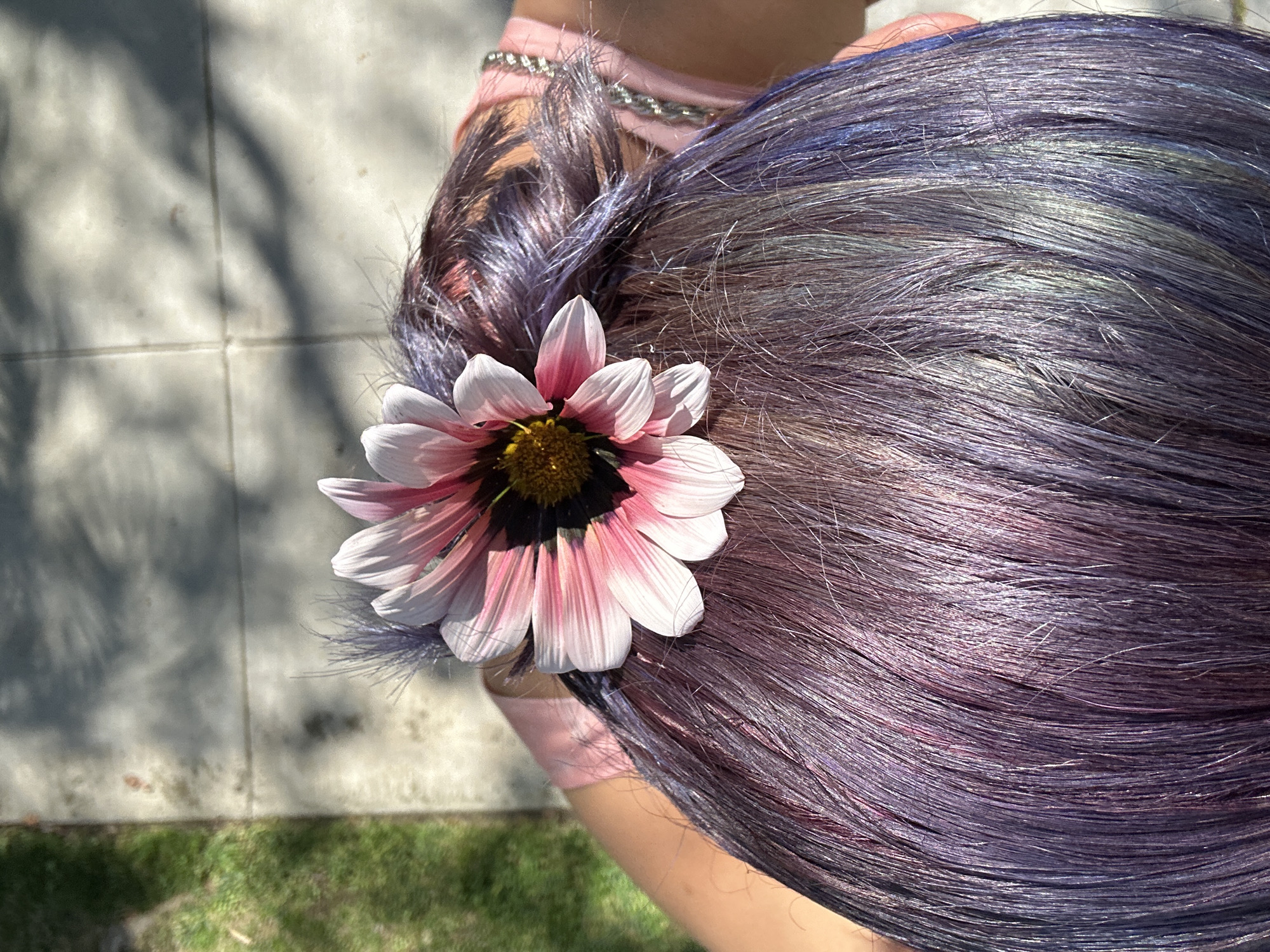 Person displays floral hair accessory in Los Angeles