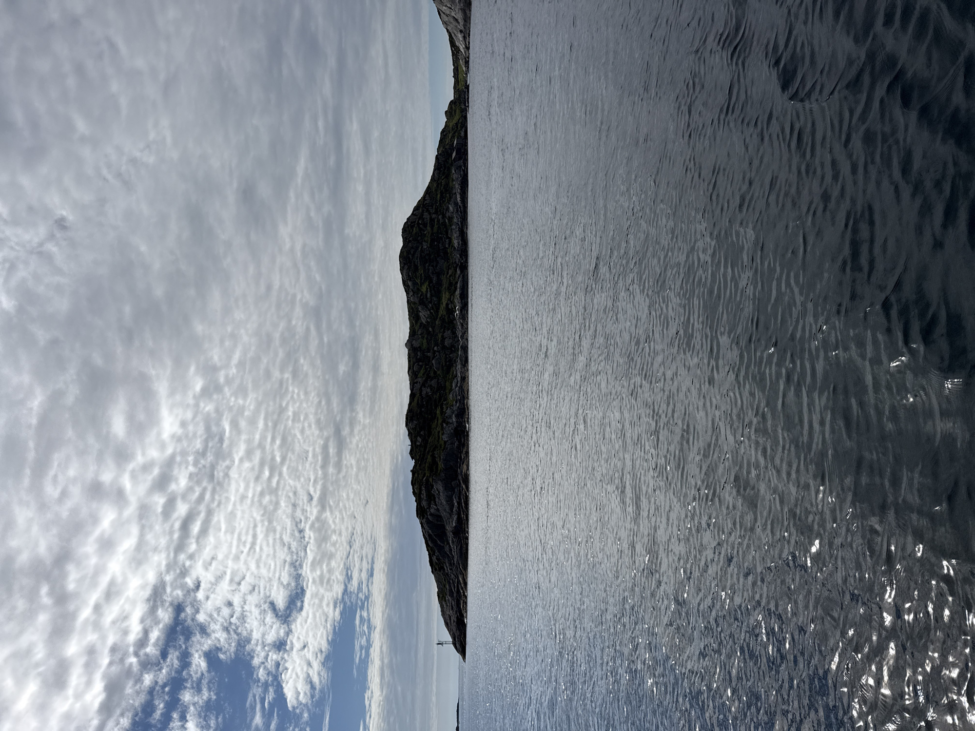 On the water off Hellesøy, rocky coastline and open sea
