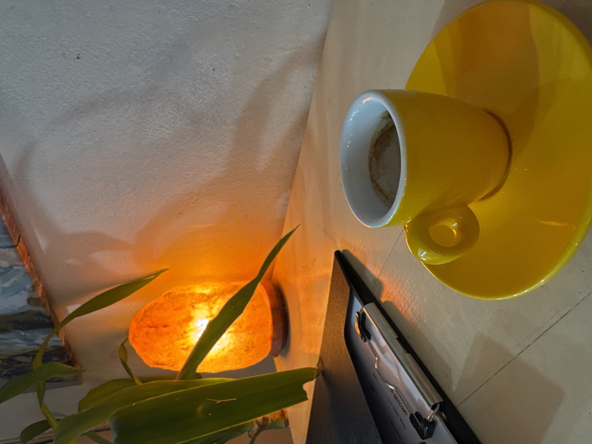 Yellow coffee cup photographed indoors in Sofia, Bulgaria
