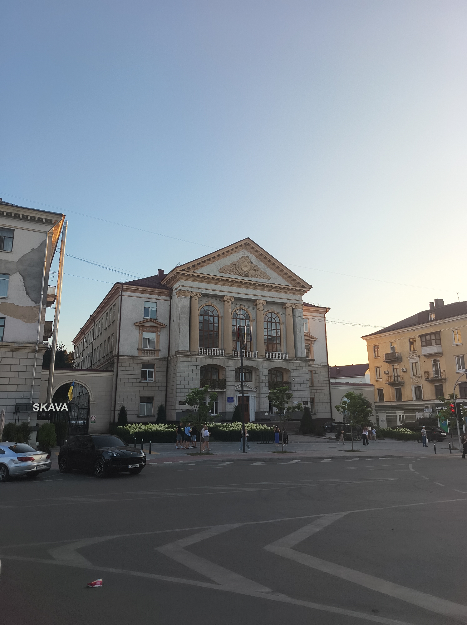 Ternopil city center at golden hour, streets and civic spaces