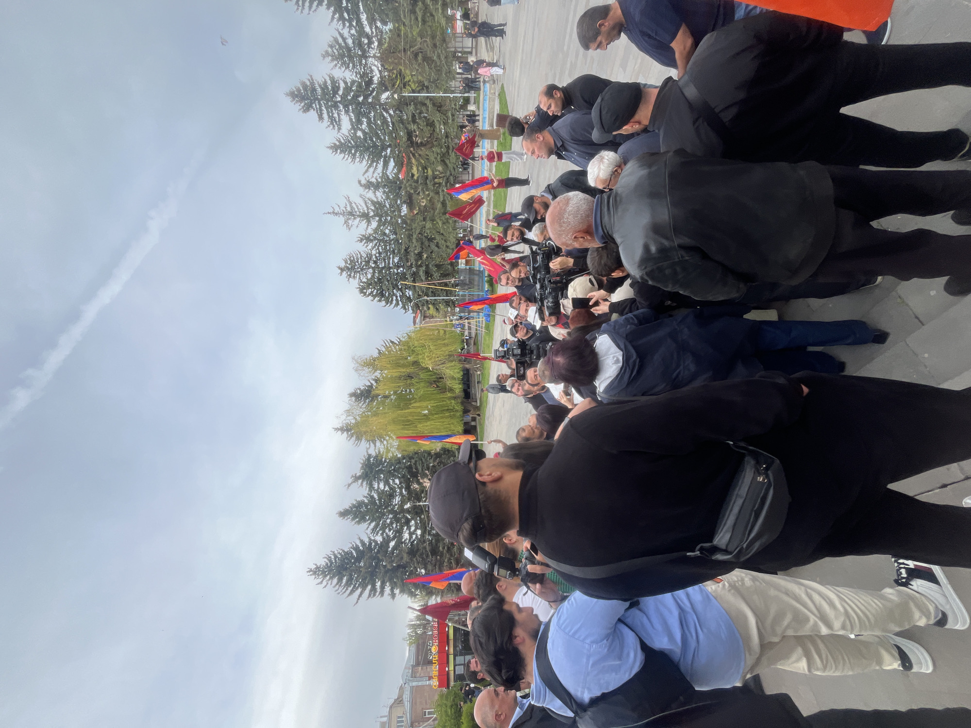 Crowd gathers with Armenian flags in Gyumri city center
