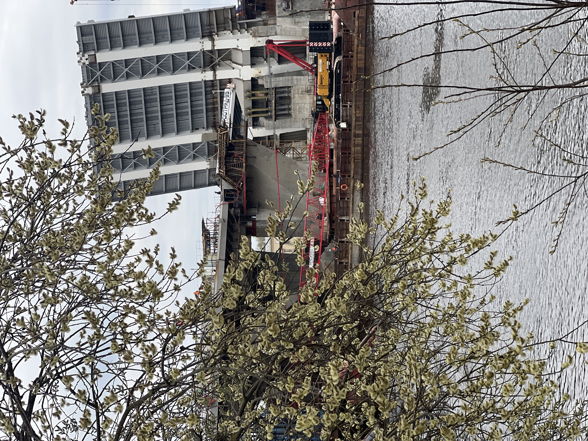 Bridge construction continues along Saint Petersburg waterfront amid spring blooms