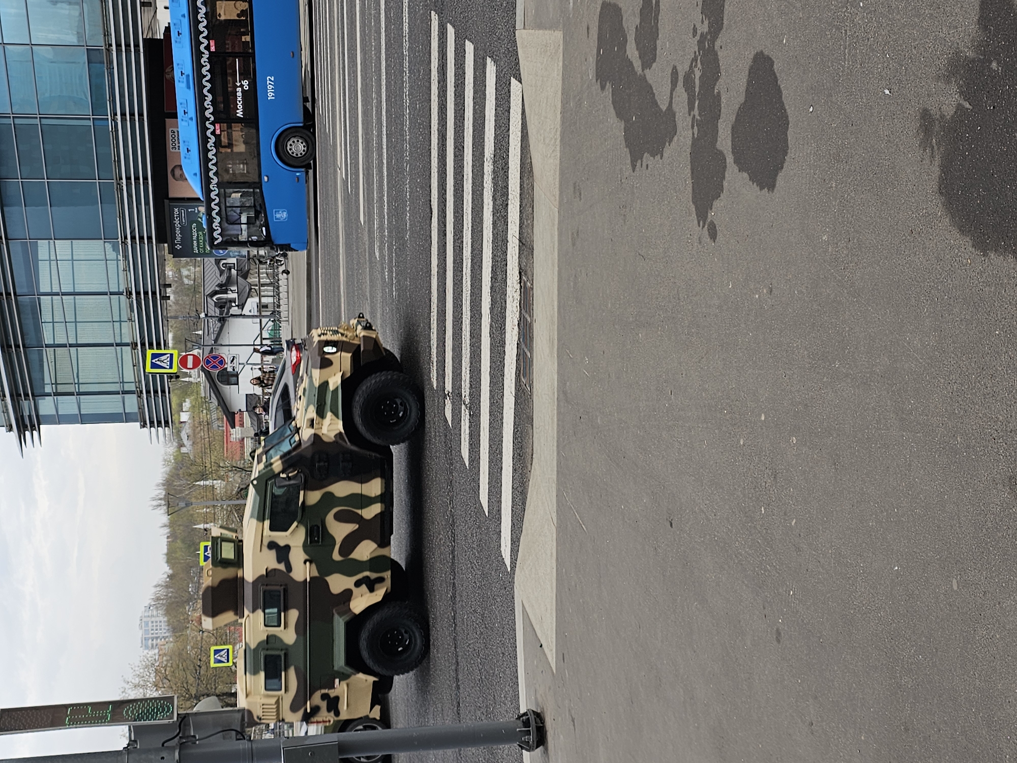 Moscow bus spotted near glass building in Khimki