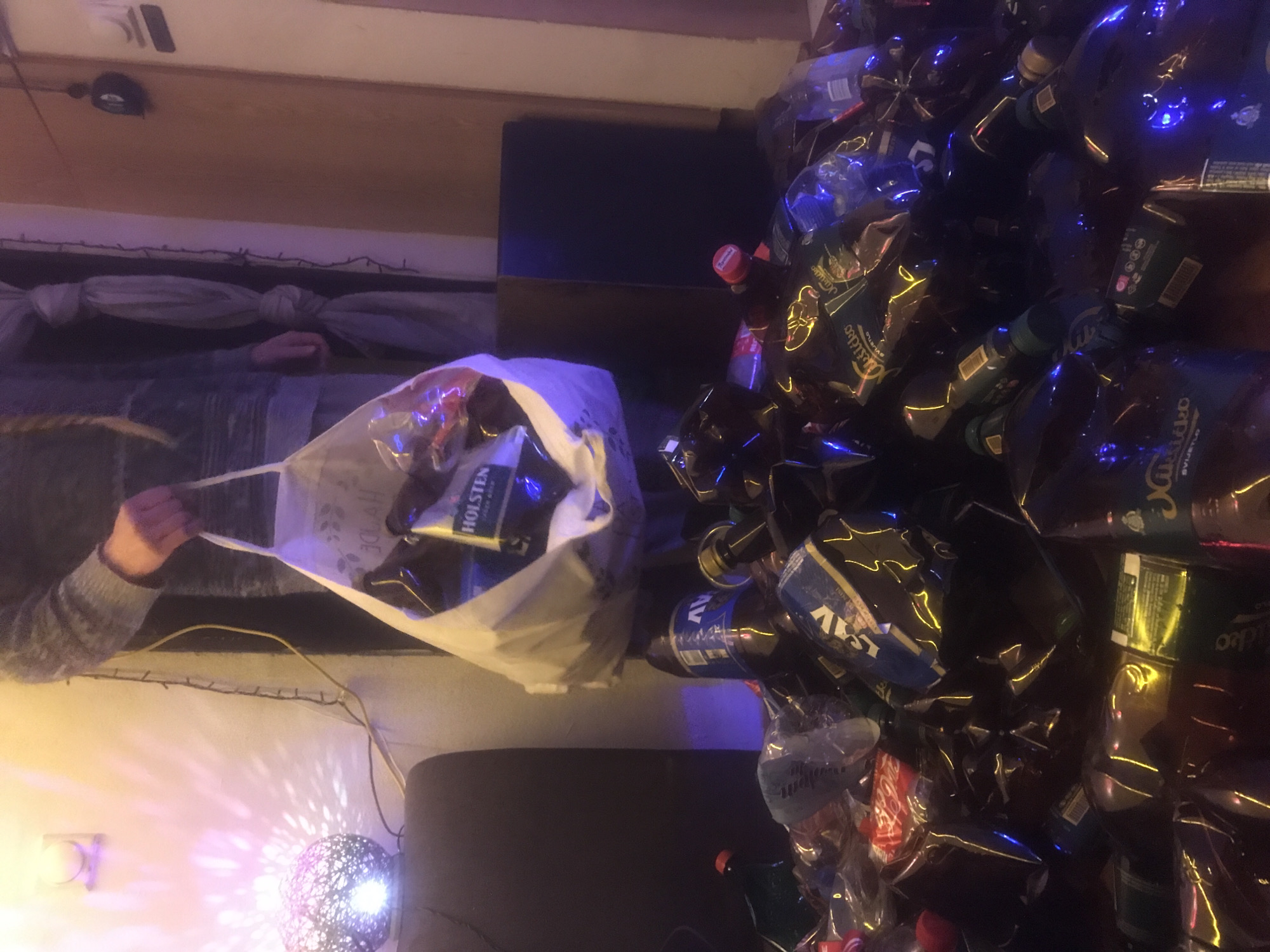 Person empties bags of bottles in debris-covered residence