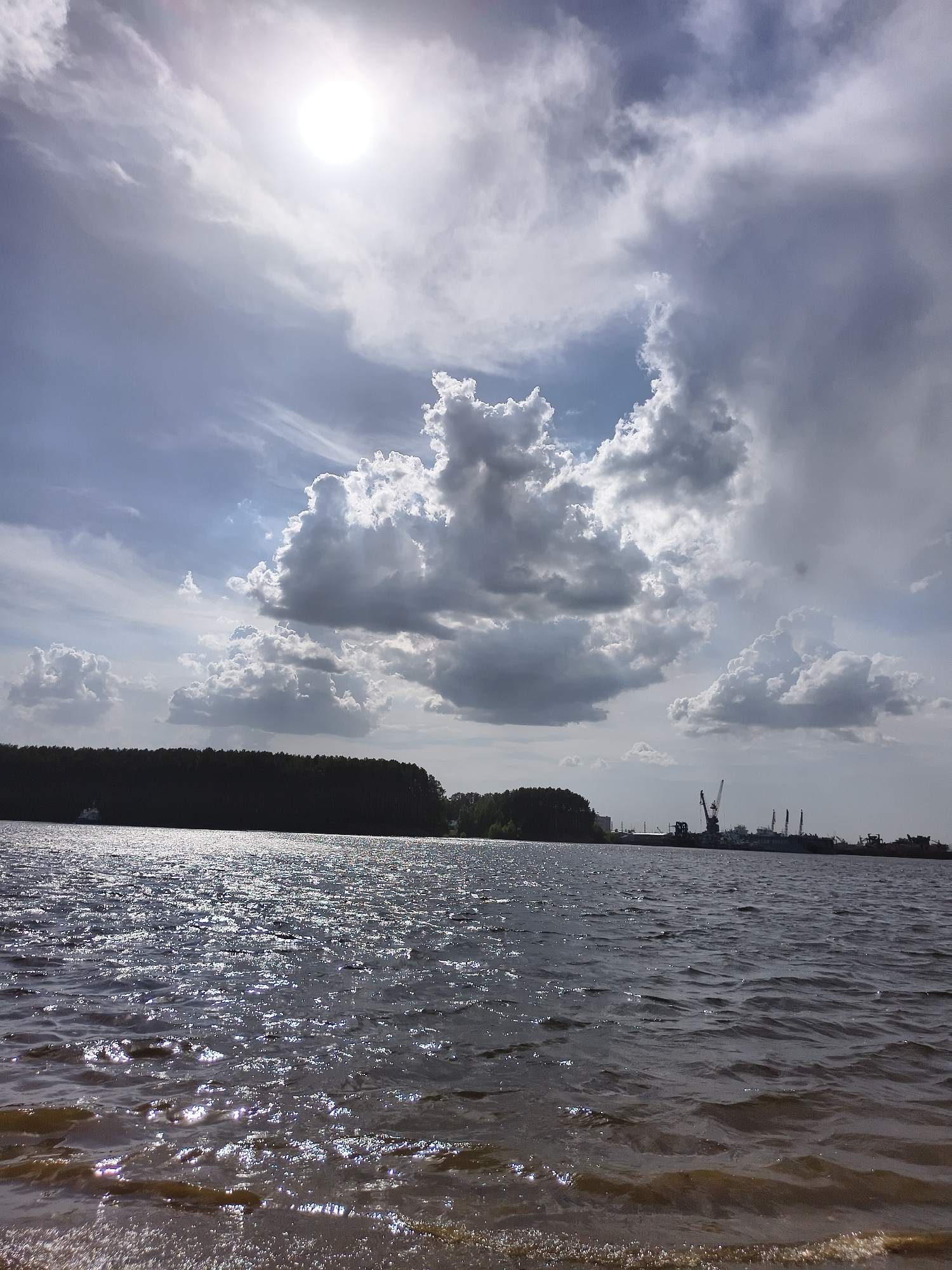 Beach day captured near industrial waterfront with passing riverboat