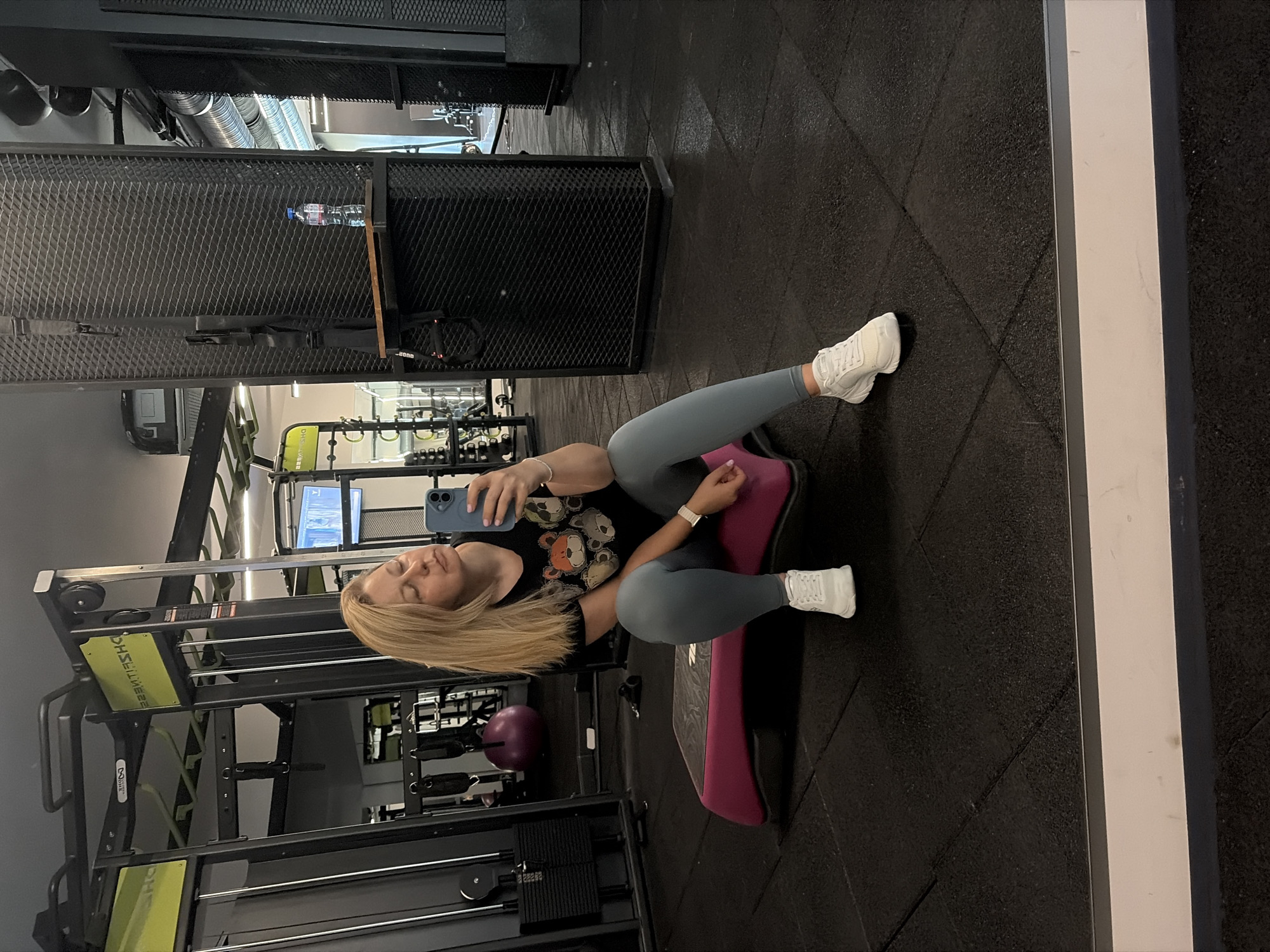 Gym selfie on a pink aerobic step in Sofia