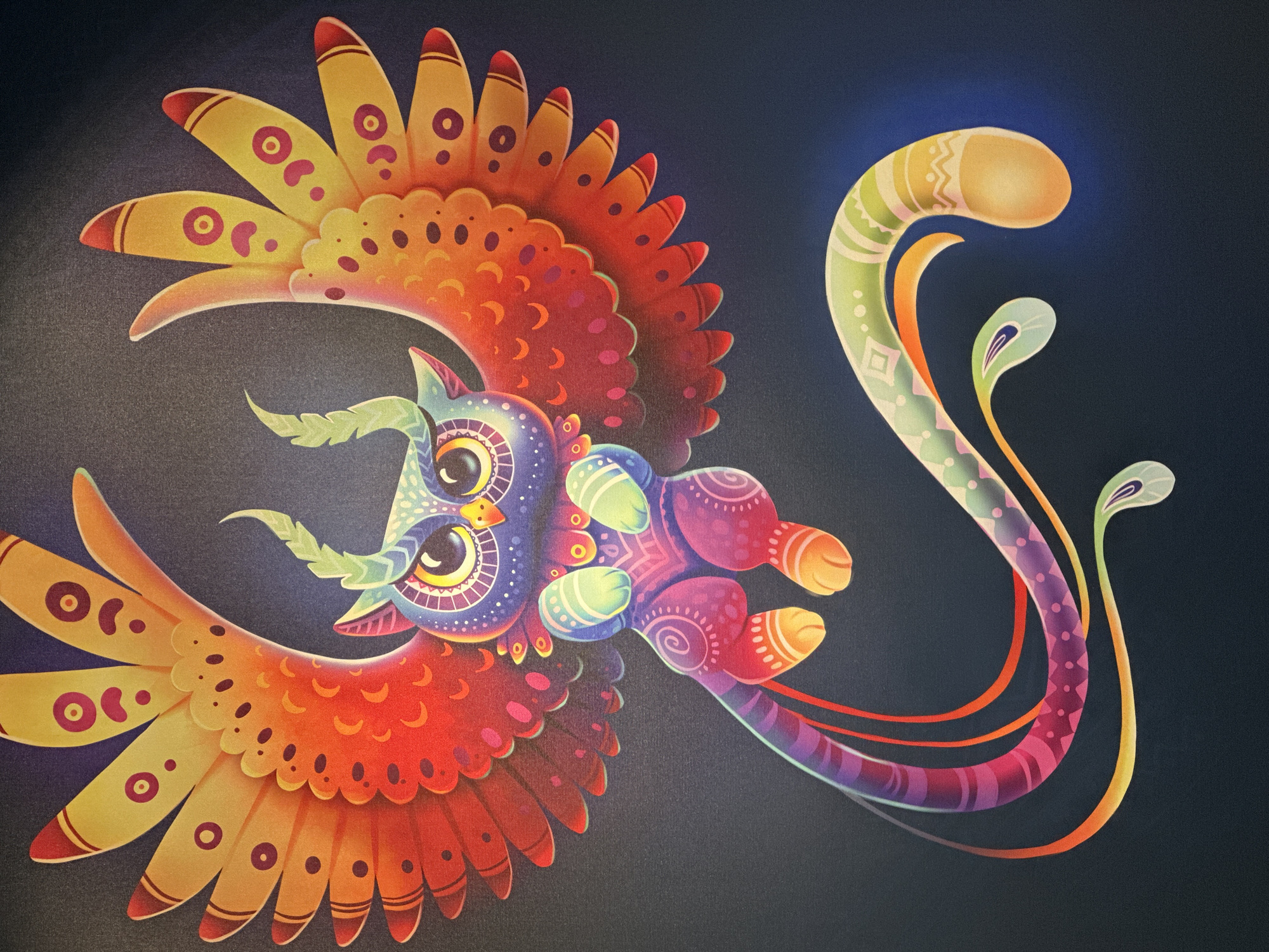 Colorful fantastical owl illustration documented in Vancouver