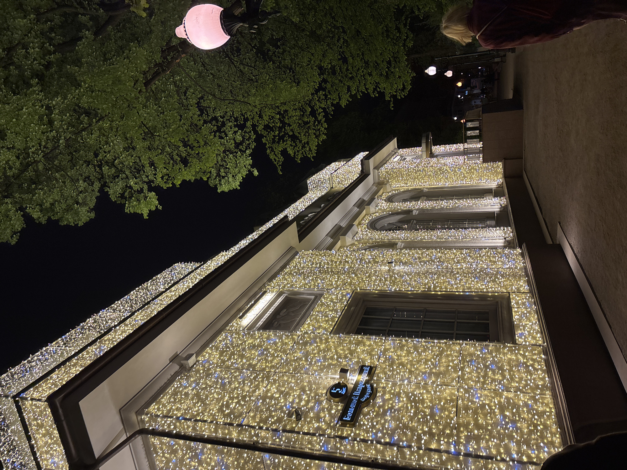 Woman photographed at illuminated building in Moscow evening
