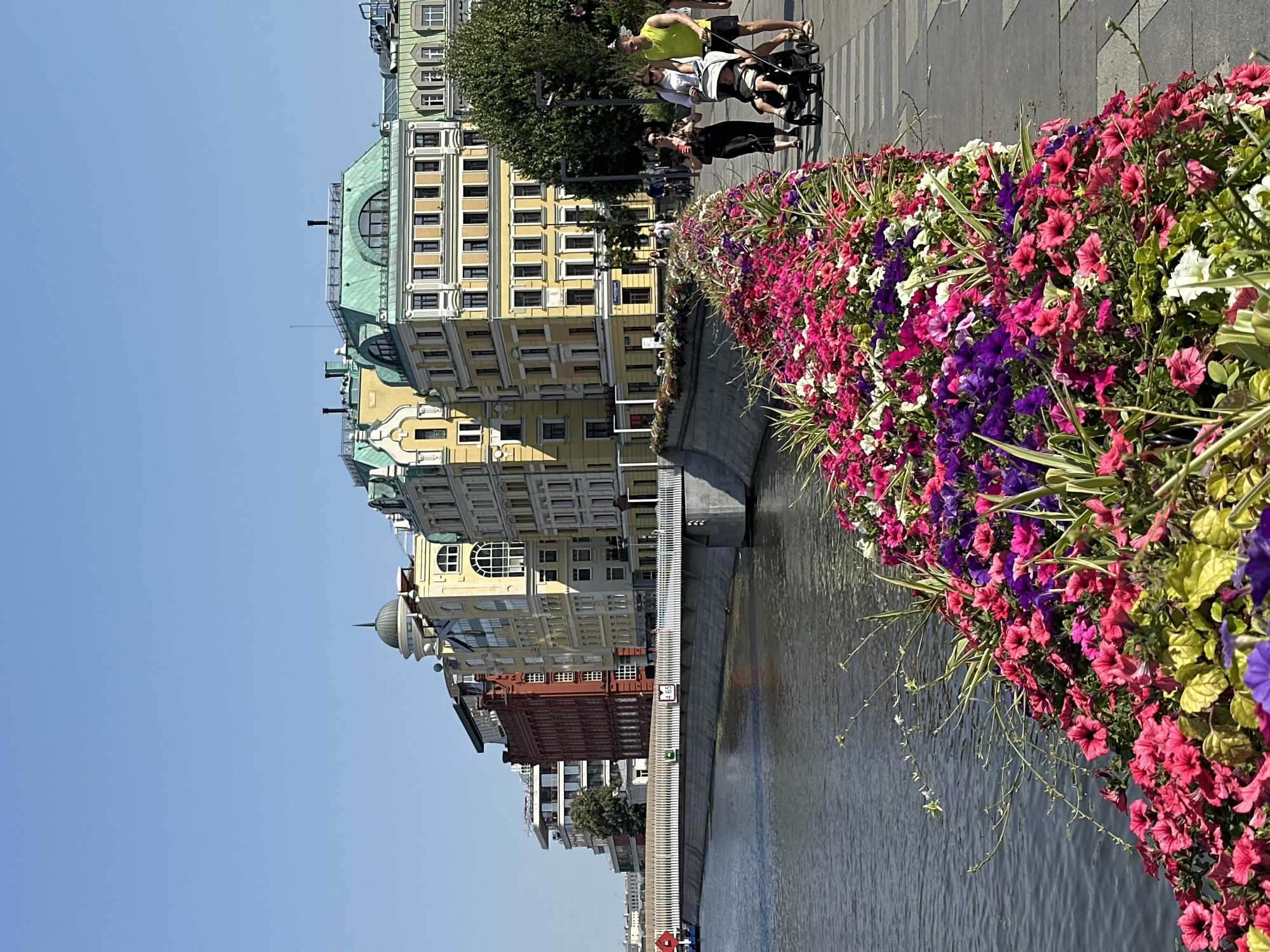 Summer morning in a colorful, flower-filled city
