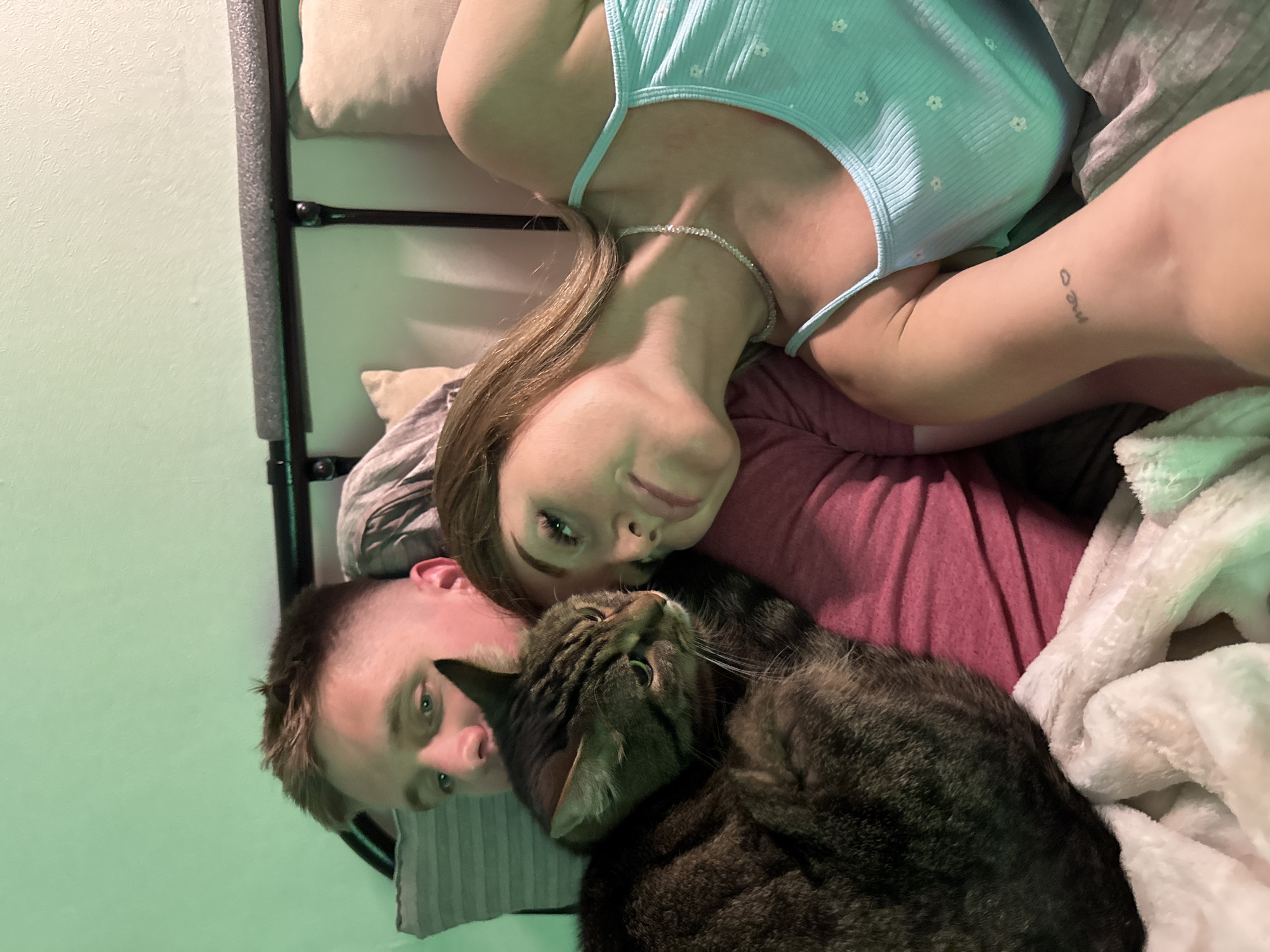 Quiet bedroom moments with tabby cat in Chaikovsky
