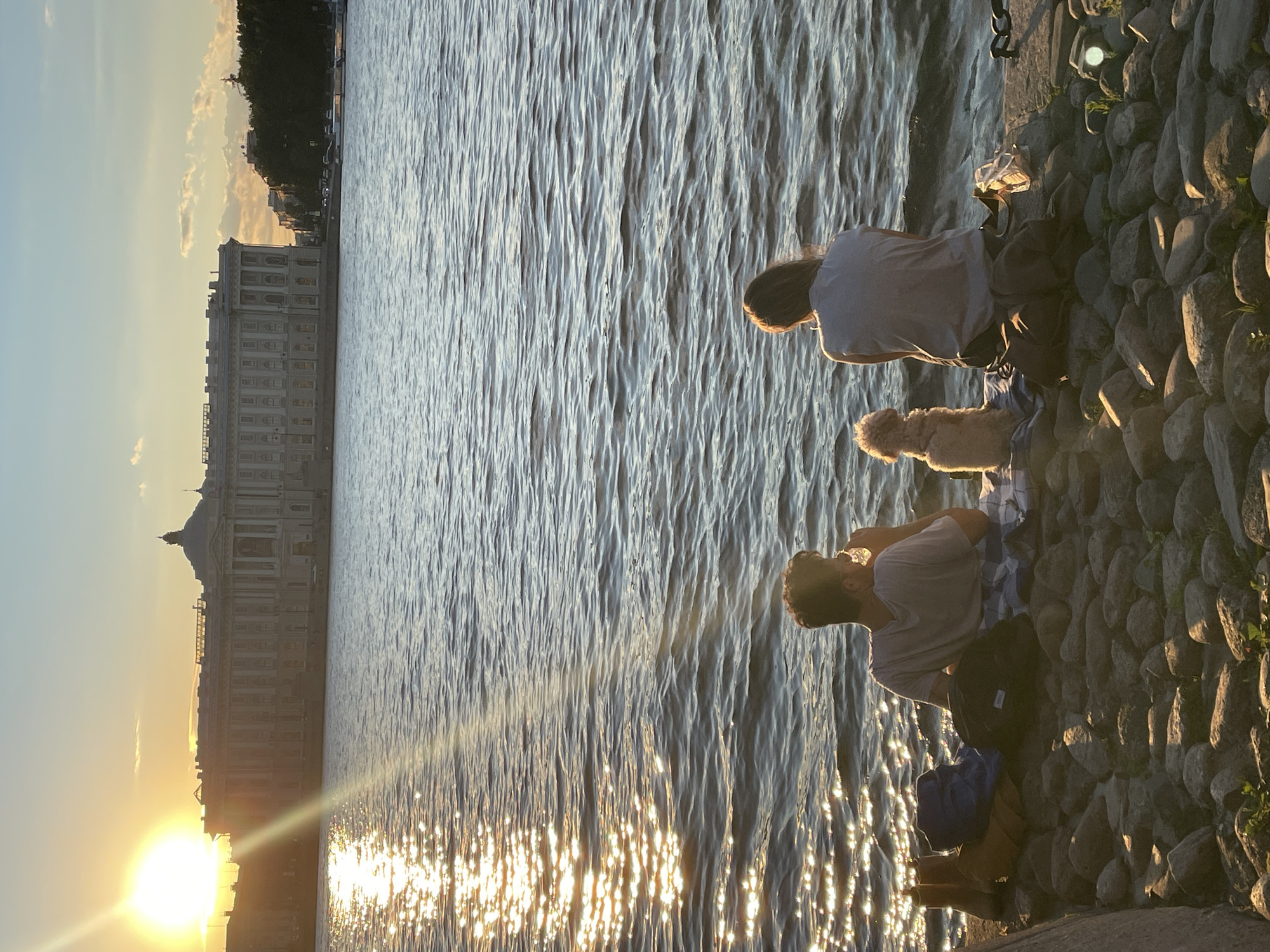 Sunset evening along the Neva embankment in Saint Petersburg
