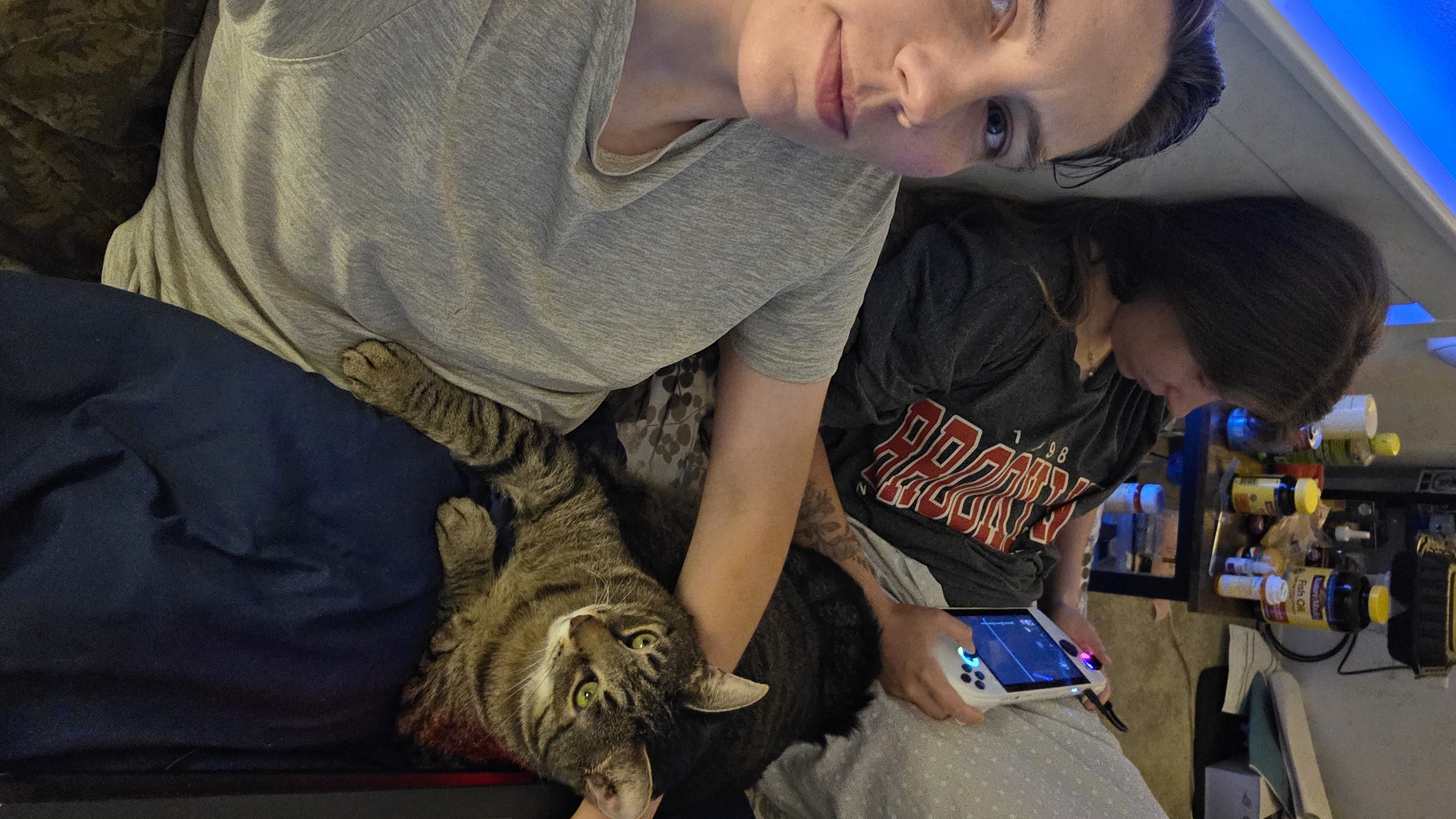 Late-night hang at home with a tabby cat in Portland