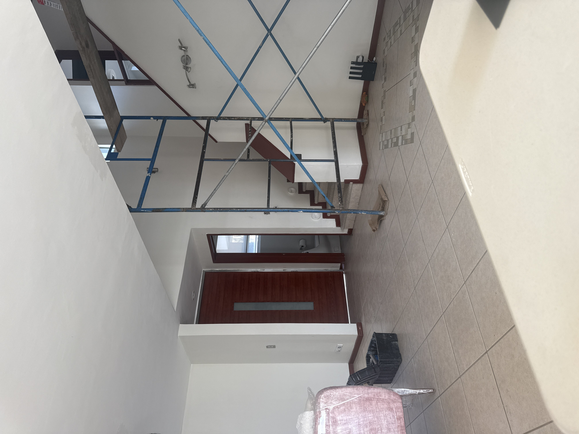 Scaffolding blocks staircase inside Puebla building