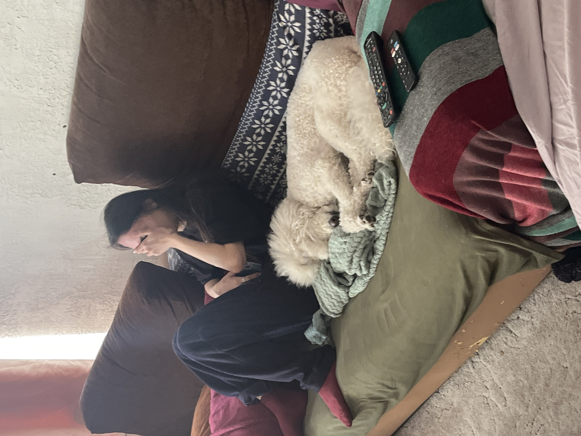 Woman shares quiet moments with white dog in Krasnoyarsk home