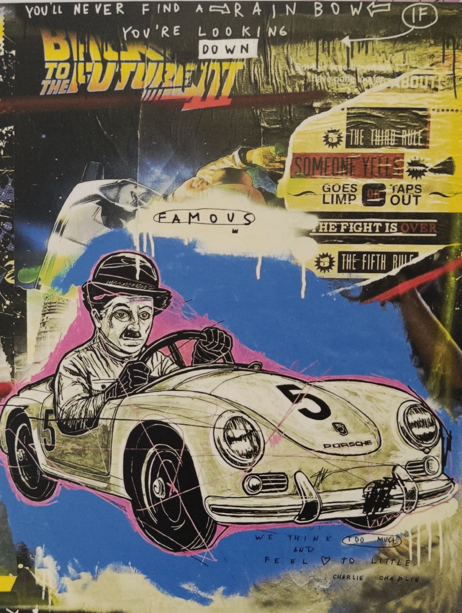 Pop-culture collage blends Chaplin, Porsche, and Back to the Future