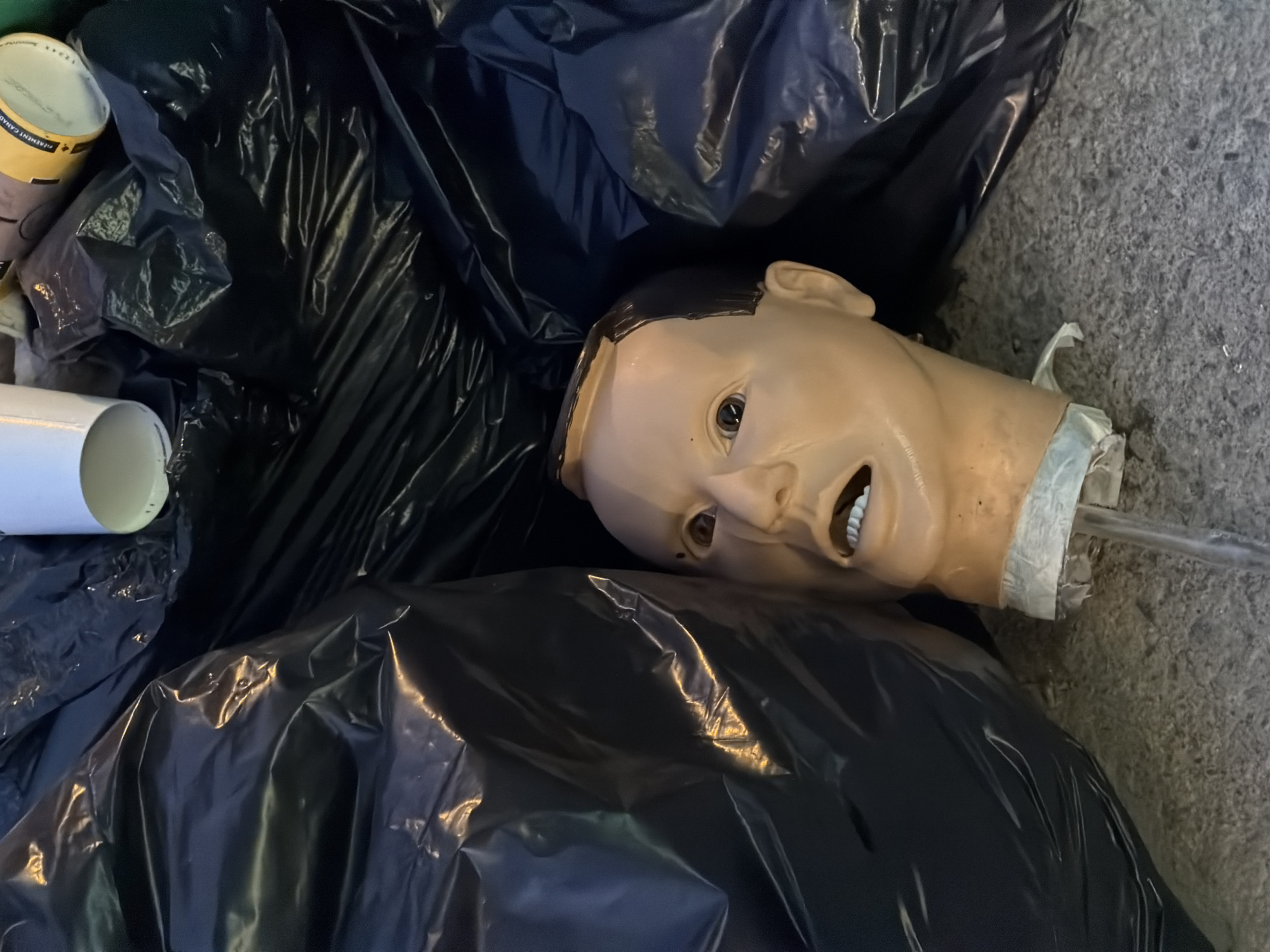 Discarded mannequin head found among garbage bags in Montreal alley