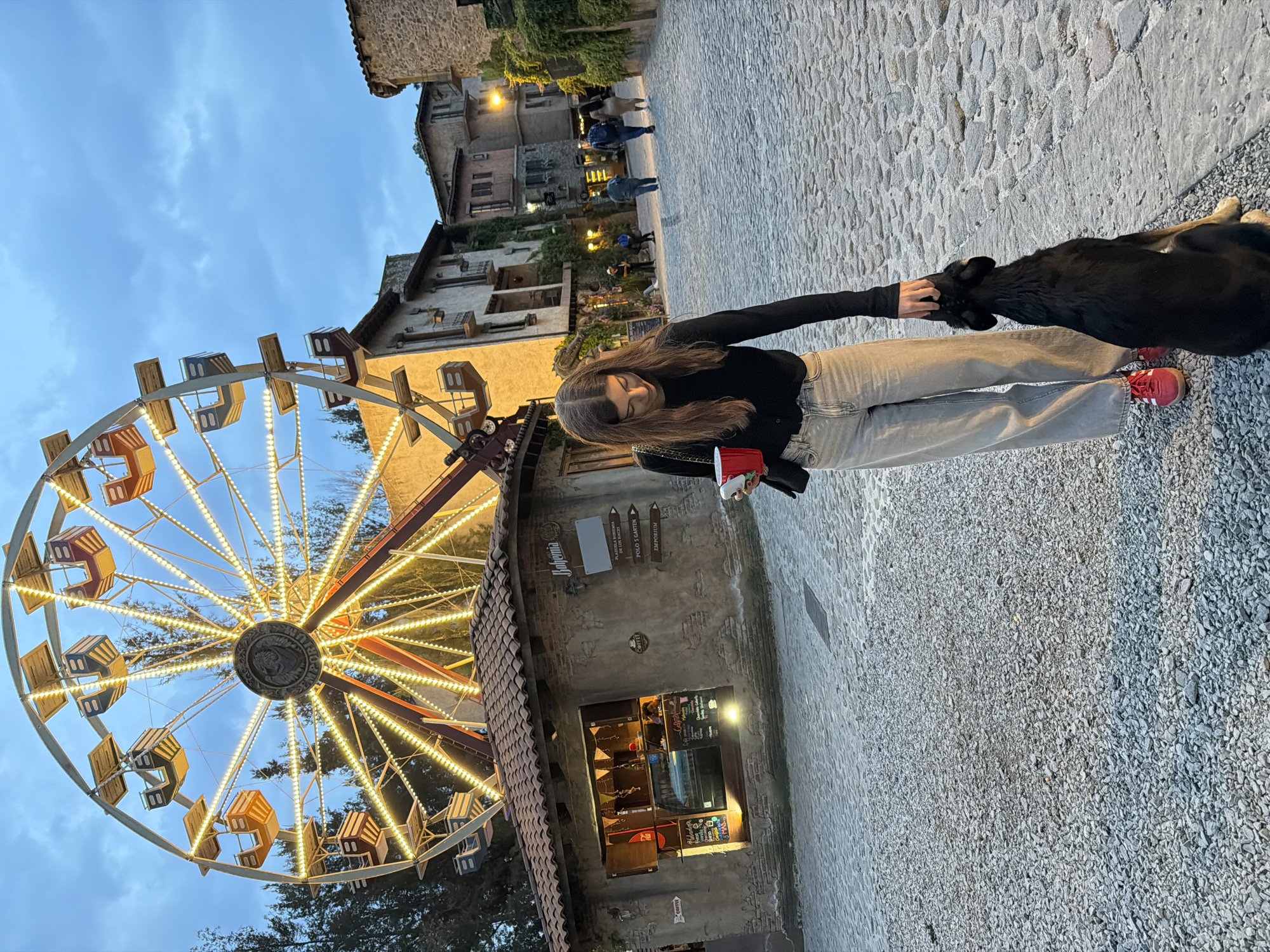 Woman pets dog near lit Ferris wheel in Mexican town square