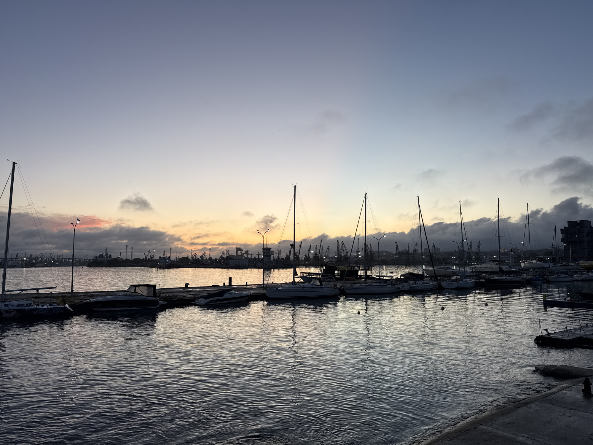 Urban waterfront scenes documented during evening hours