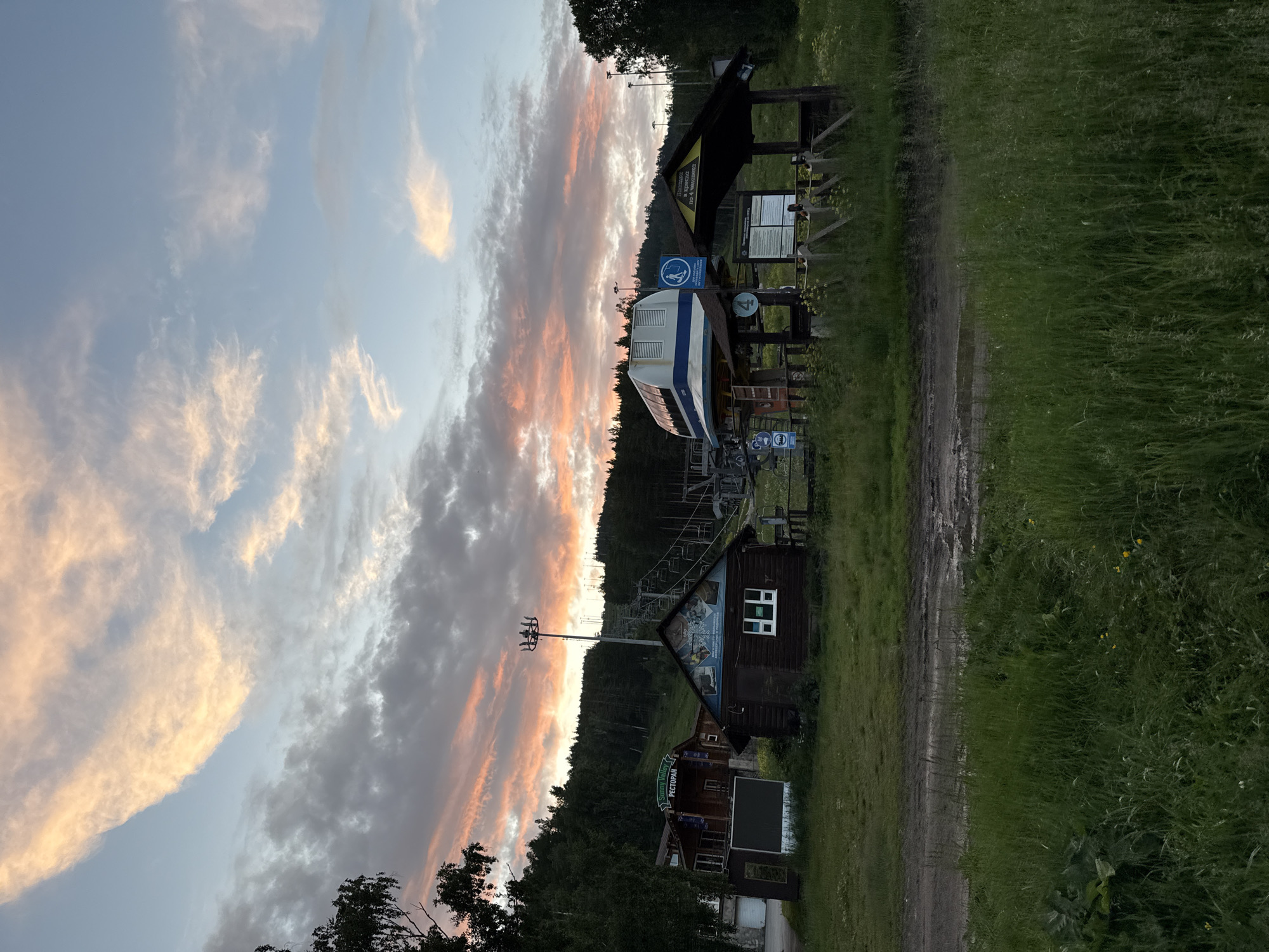 Wooden resort village in Syrostan, Russia, on a rainy summer afternoon