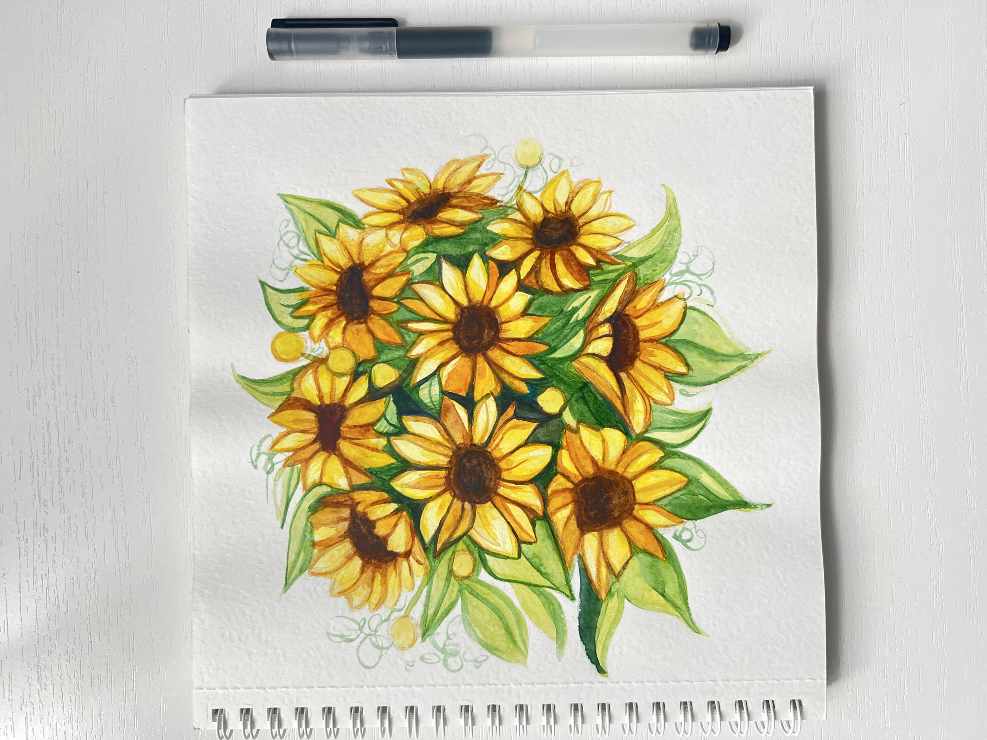 Sunflower watercolor painting documented in Russian sketchbook