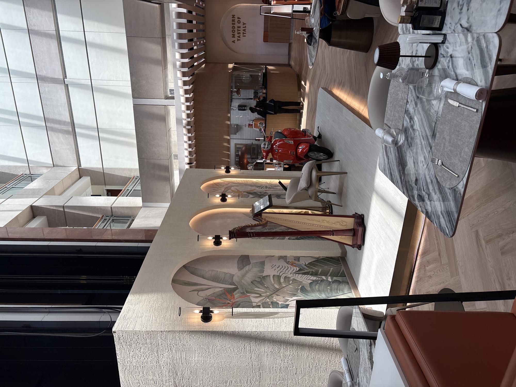 Modern Italian restaurant interior captured in Dubai morning light