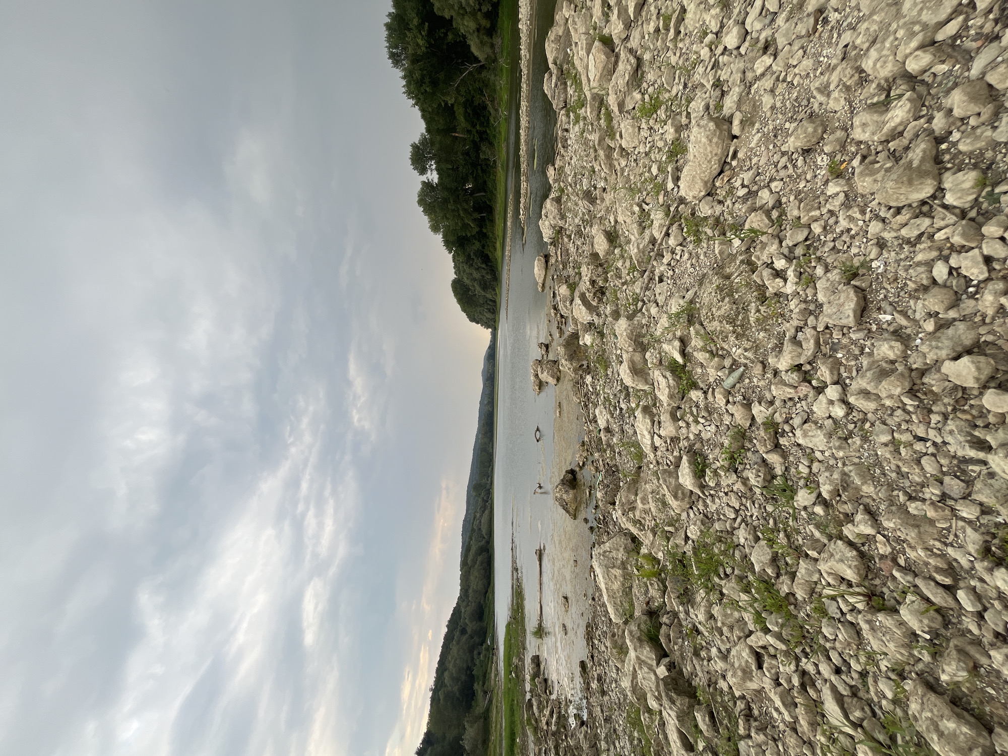 Calm, cloudy day at a rocky, wooded riverbank