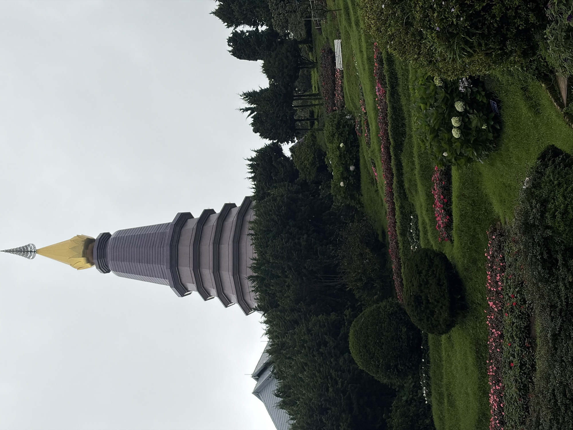 Misty morning at Doi Inthanon's summit shrines and viewpoints