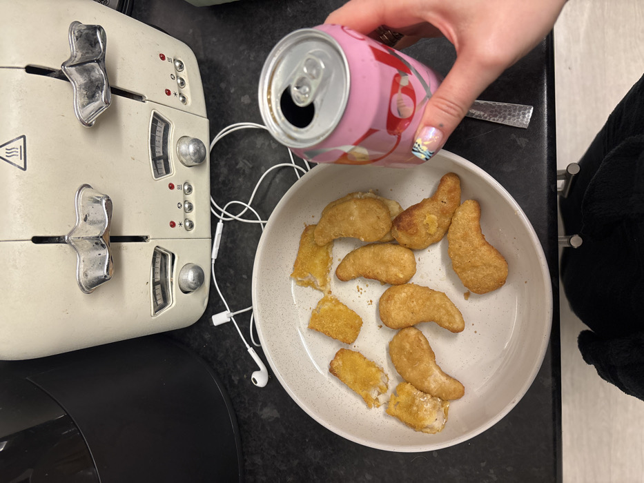 London kitchen scene shows plate of breaded food items