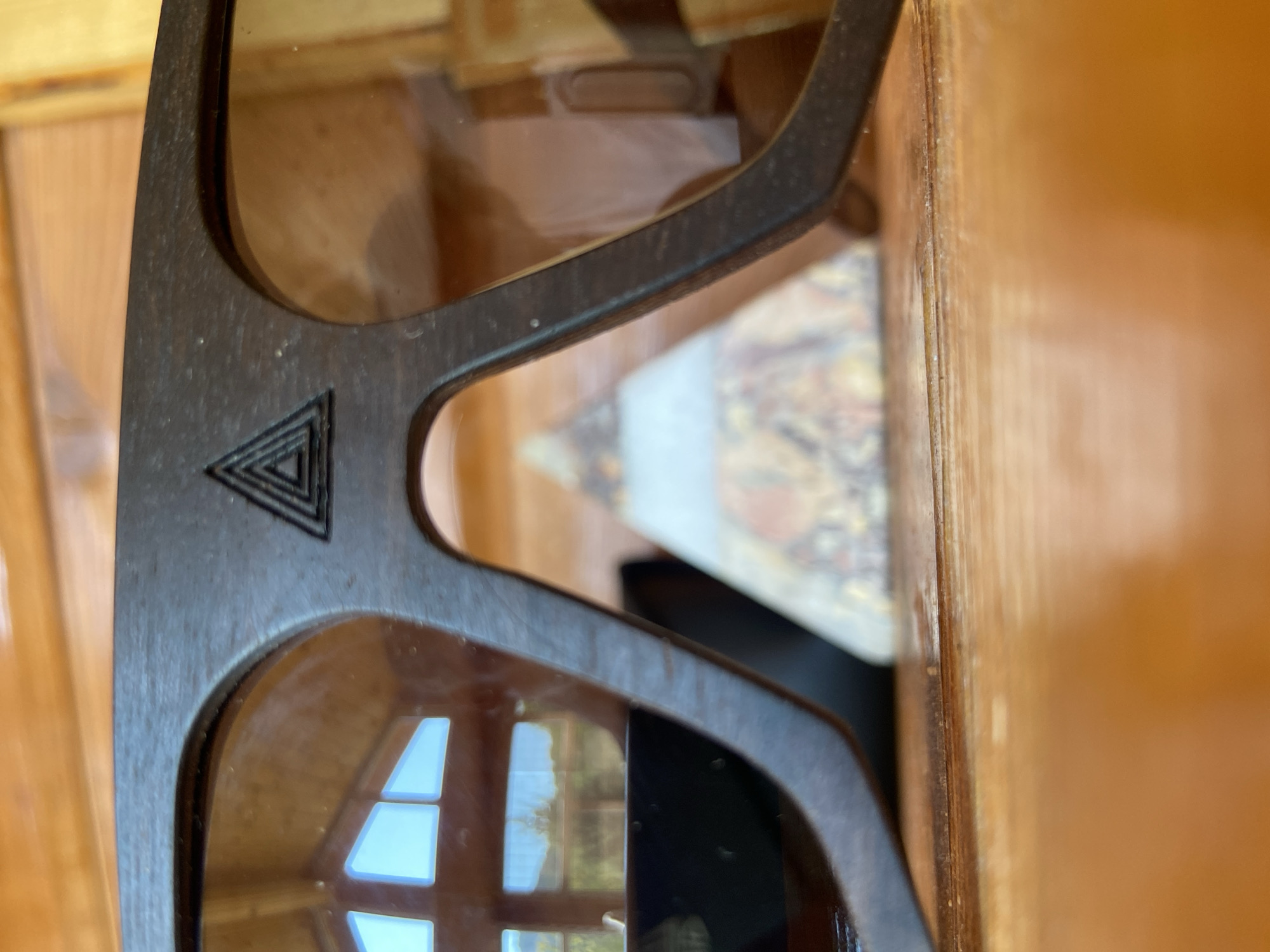 PIRAMID wooden sunglasses and case, up close
