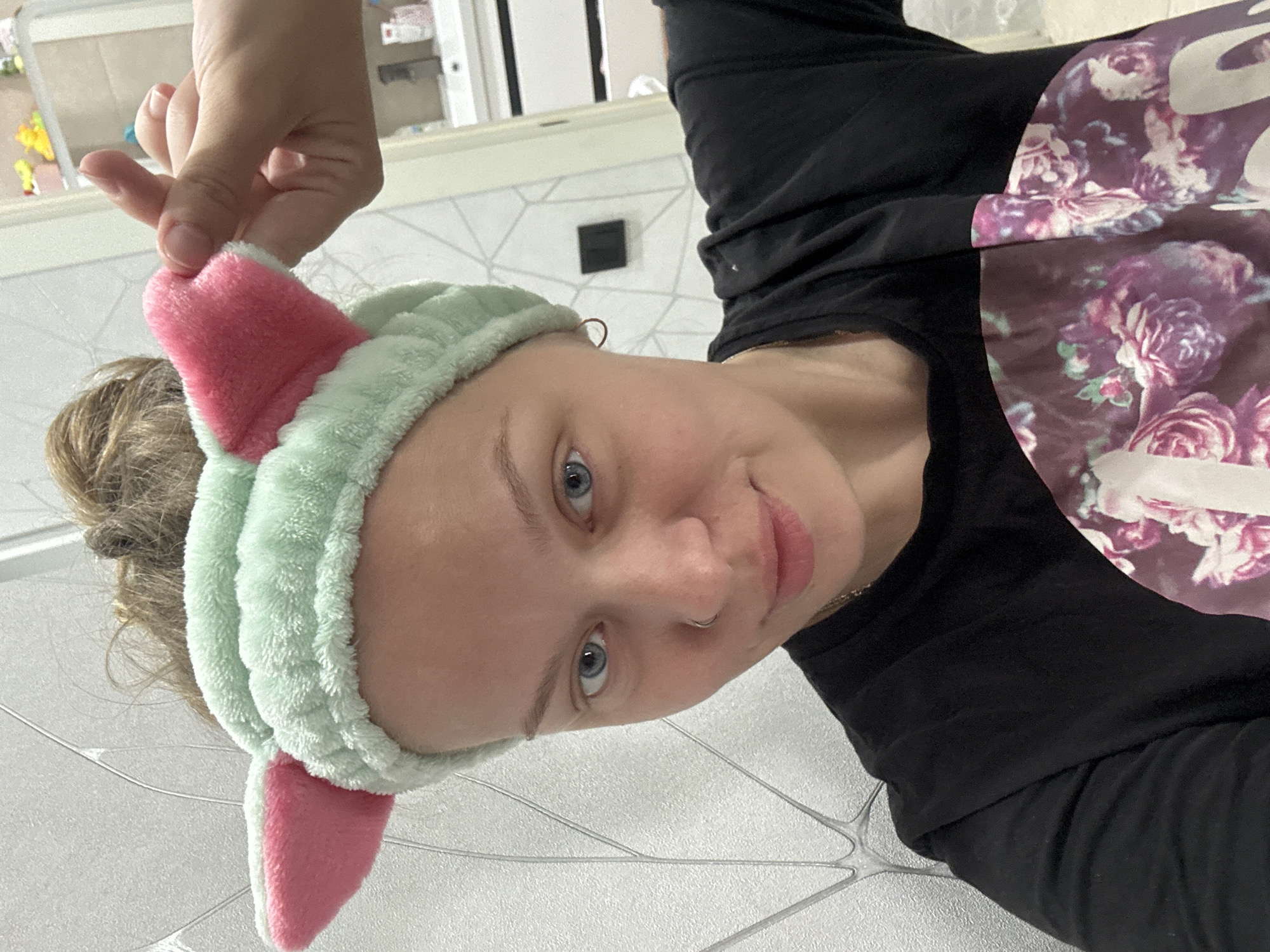 Selfie session at home in Mikhaylovsk, mint cat-ear headband