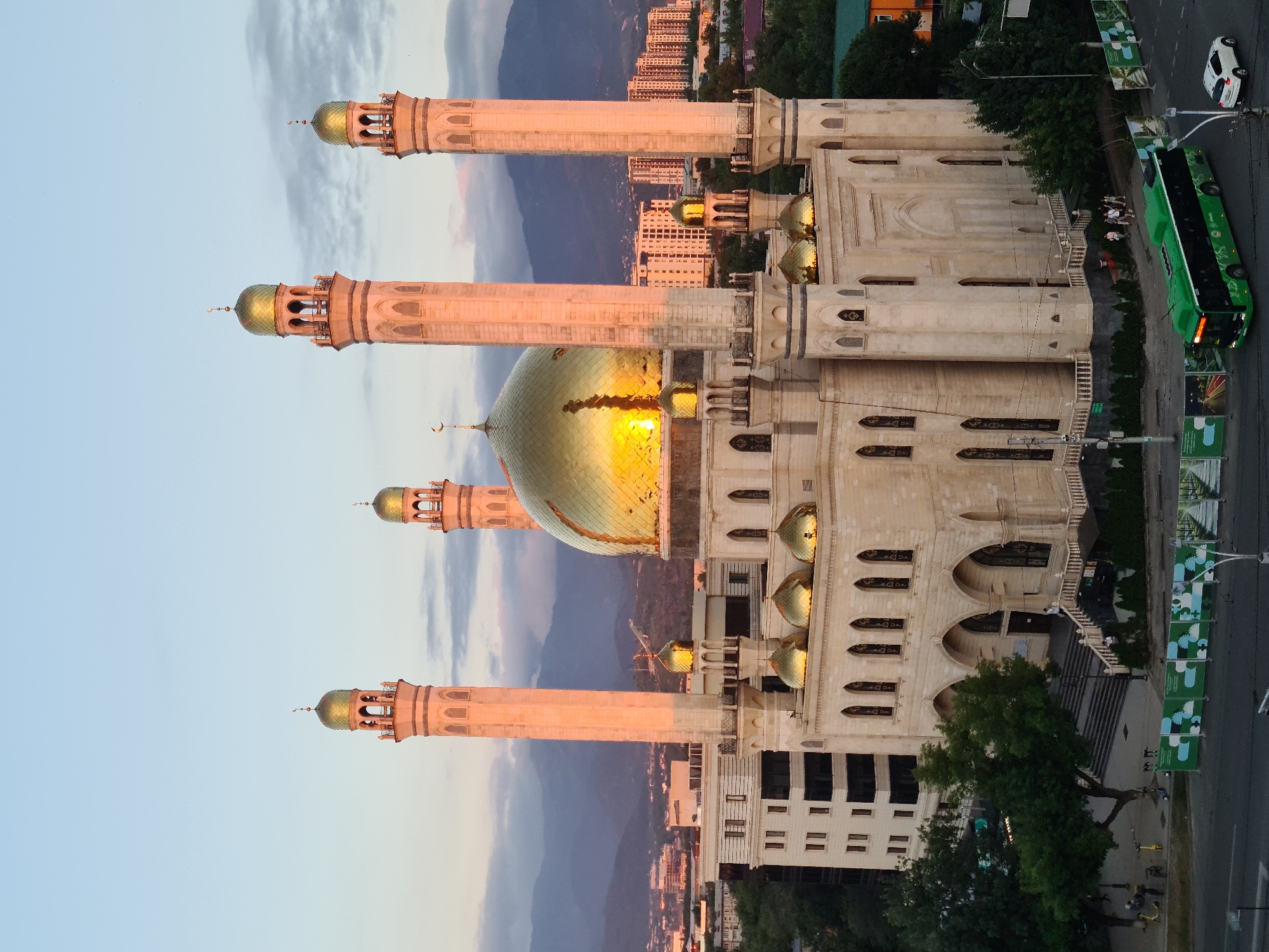 Almaty's Central Mosque glows at sunset