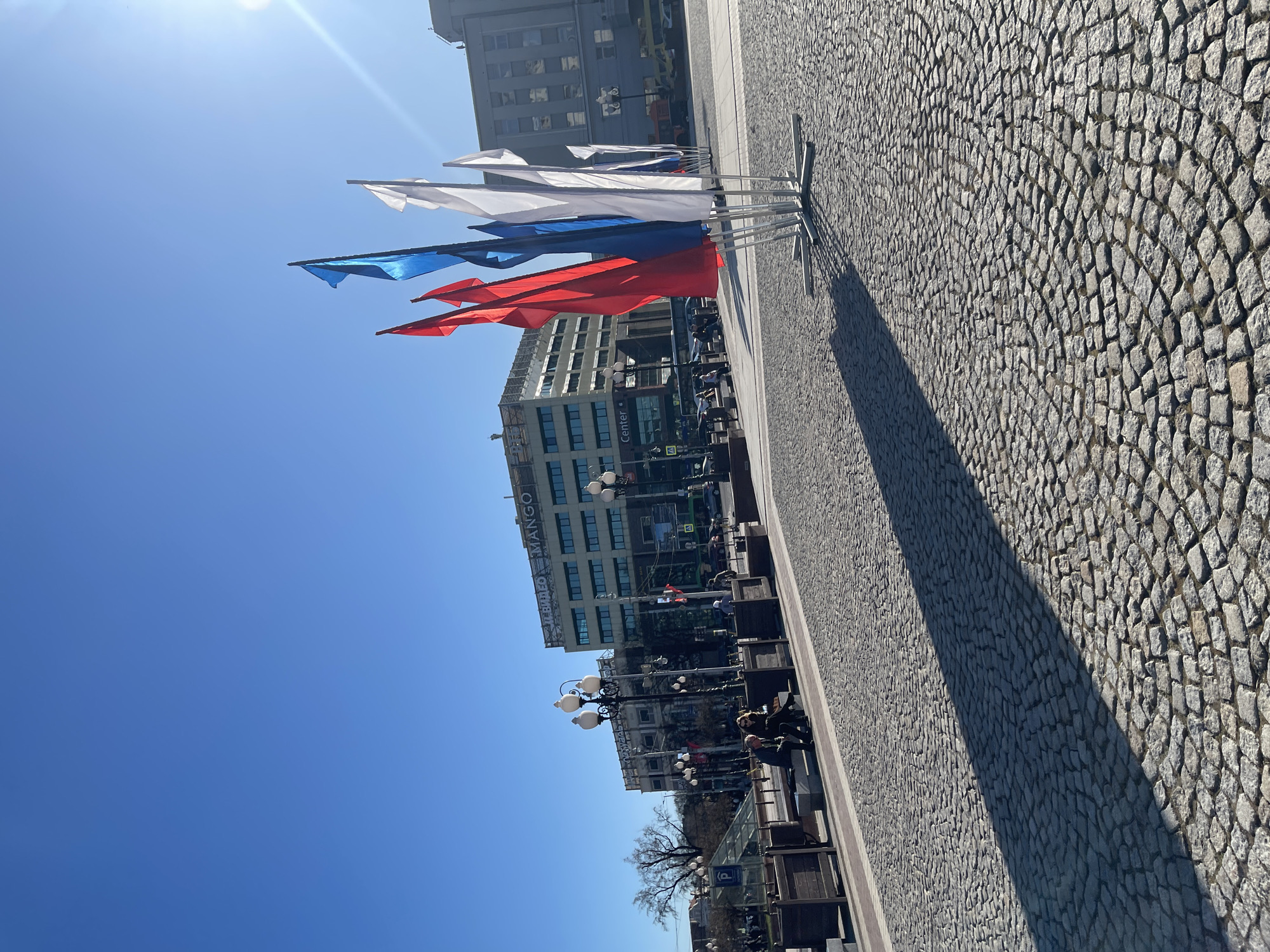 Russian flags displayed on street stand in Kaliningrad