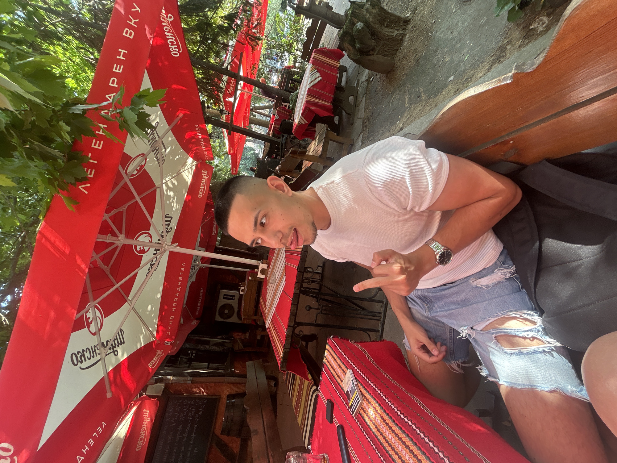 Couple Takes Selfies at Outdoor Café in Plovdiv Bulgaria