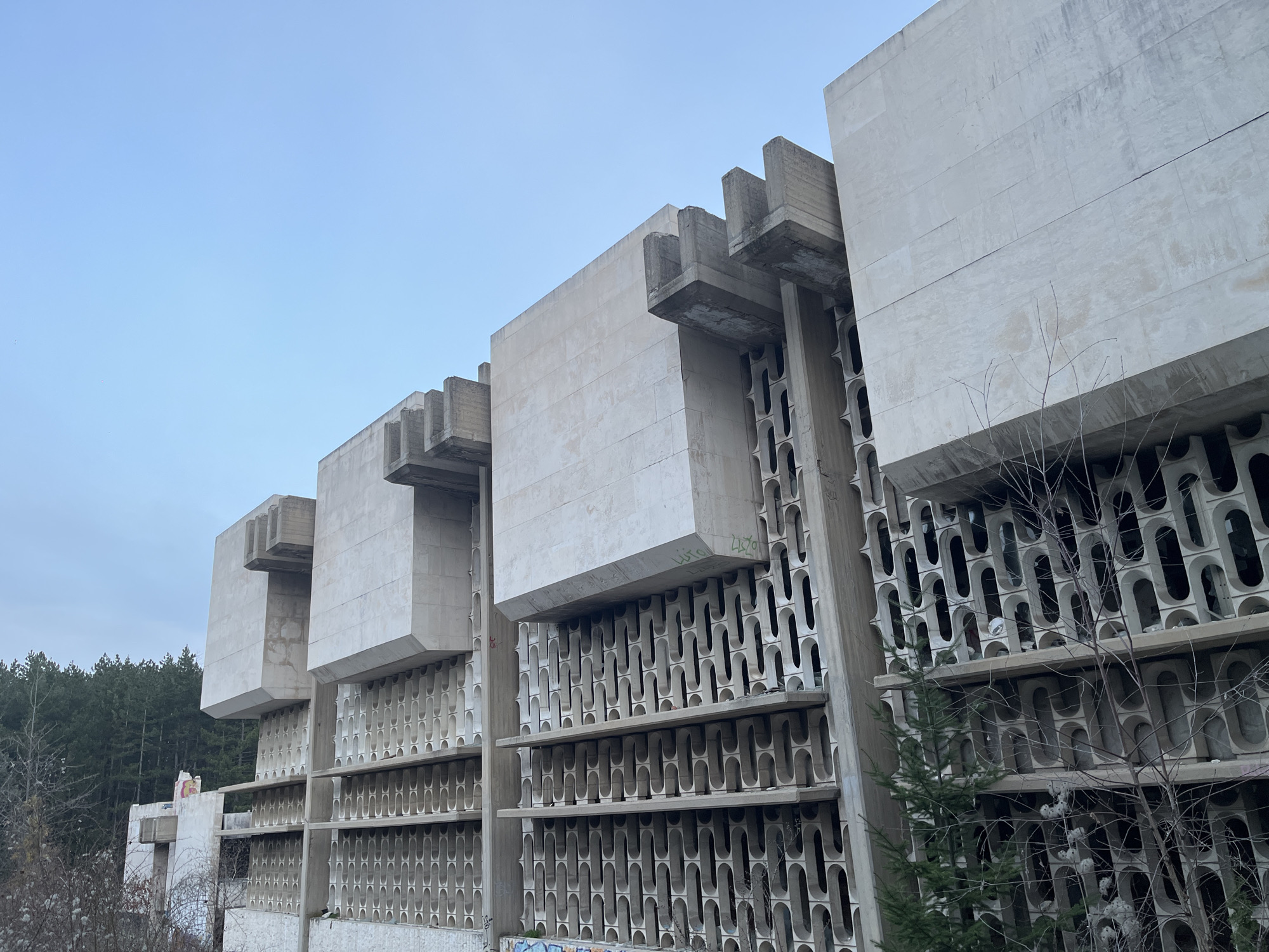Brutalist concrete building documented in Bankya, Bulgaria