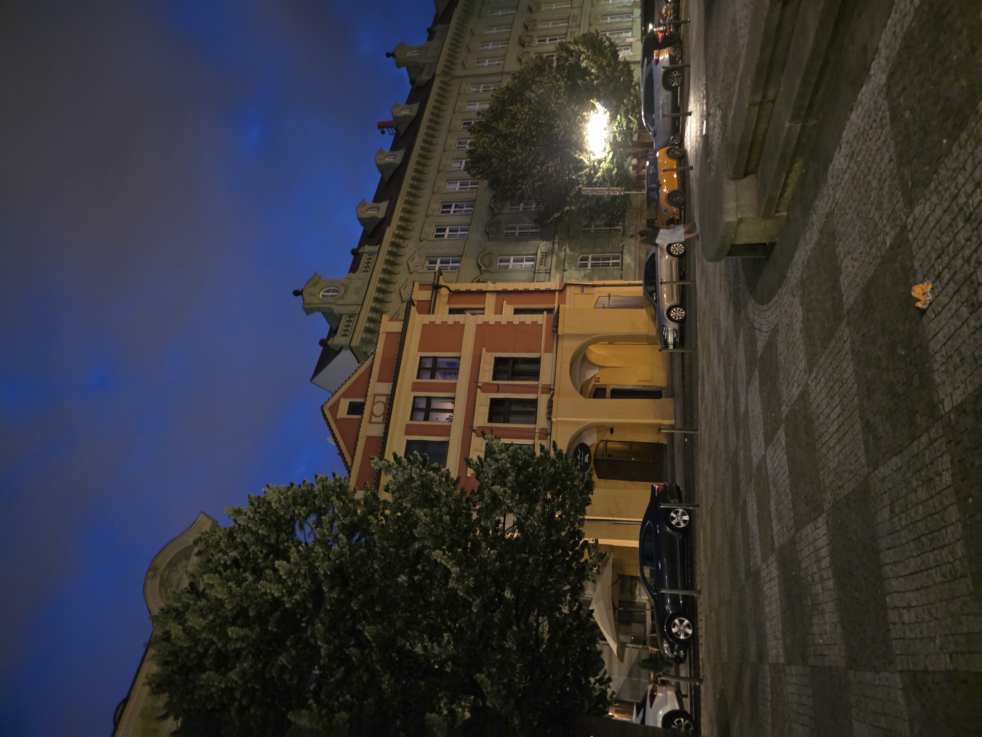 Cobblestone plaza, rubber duck shop, and Gaia Lounge at night