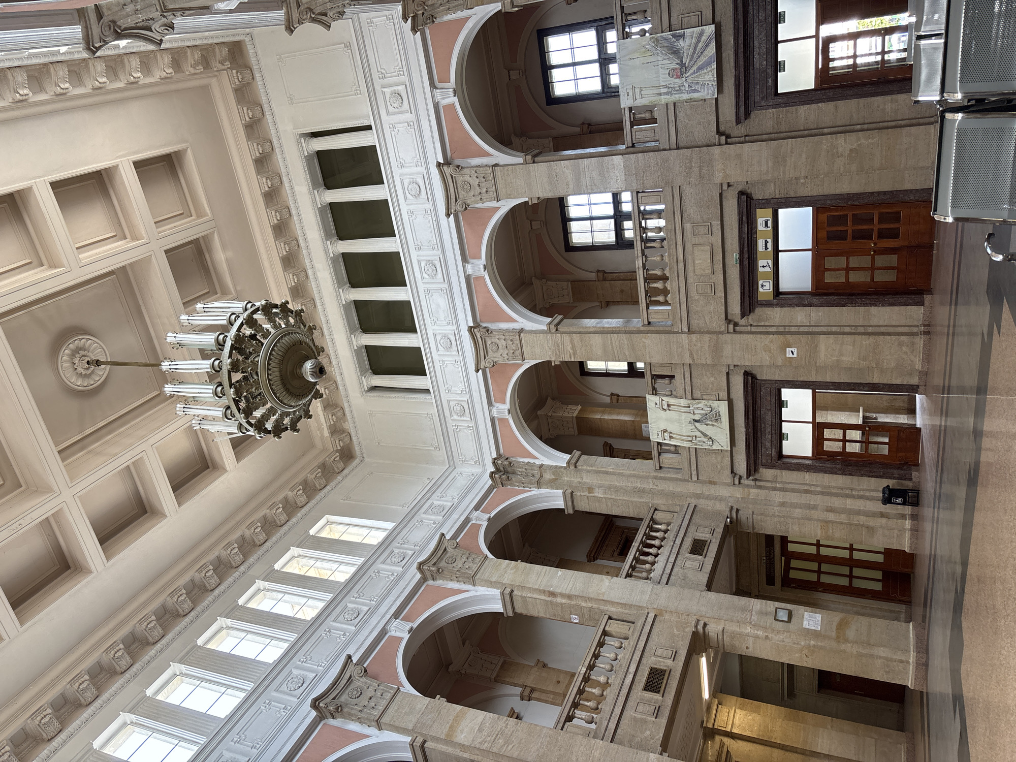 Ornate ceiling and chandelier documented at Ruse Central Railway Station