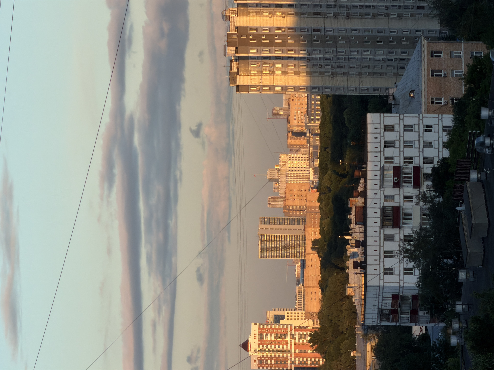 Khimki cityscape at sunset, street level and above