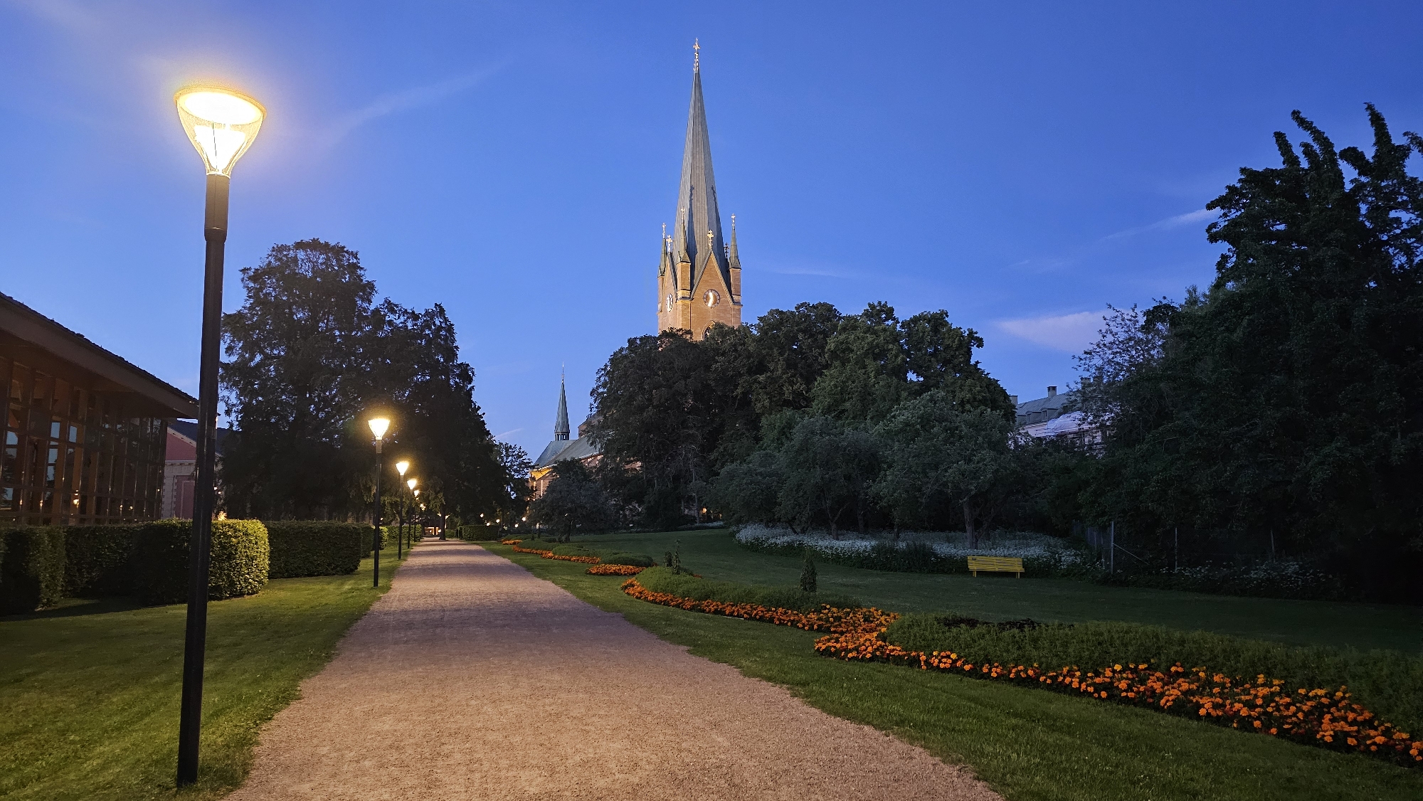 Linköping's historic streets and landmarks at summer twilight