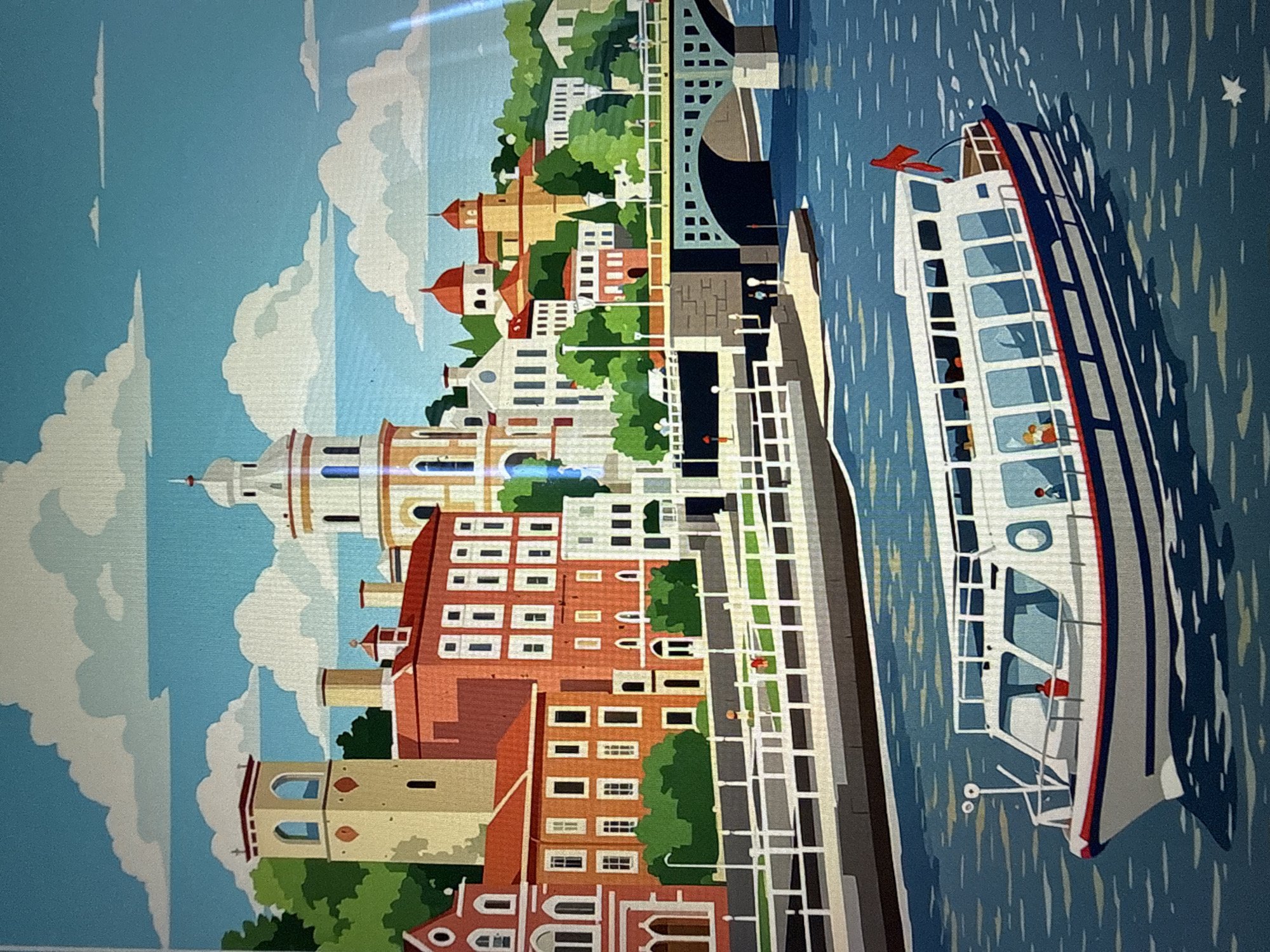 Illustrated cityscape and laptop wallpaper, both scenic landscapes