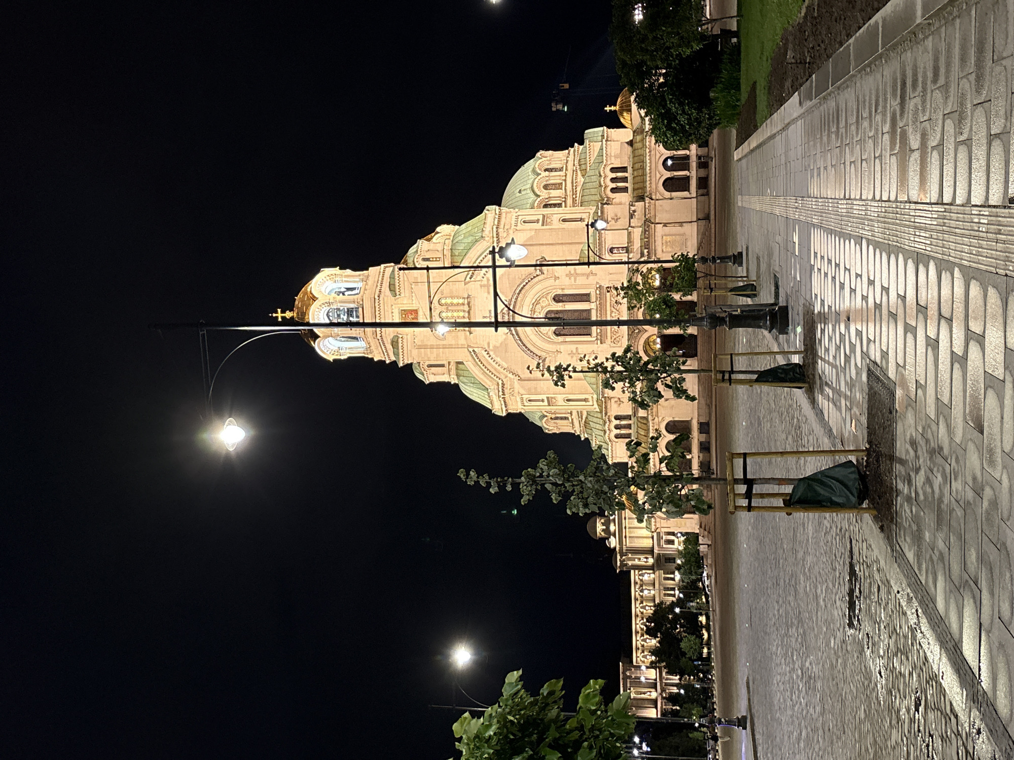 Nighttime illumination captured at Sofia's Alexander Nevsky Cathedral