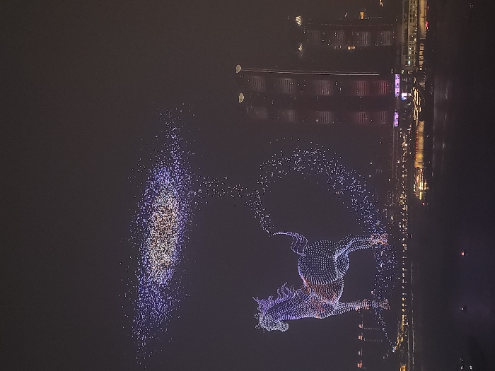 Drone light show displays traditional imagery over Chongqing river