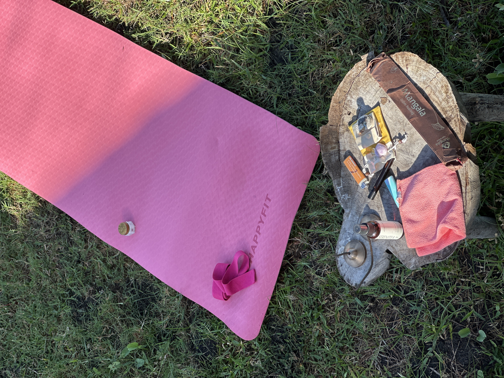 Women practice beach yoga in Mendoyo garden setting