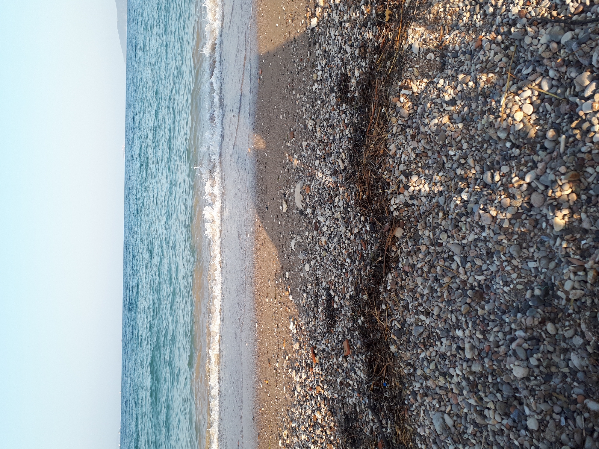 Calm pebble beach where gentle waves meet a clear shoreline